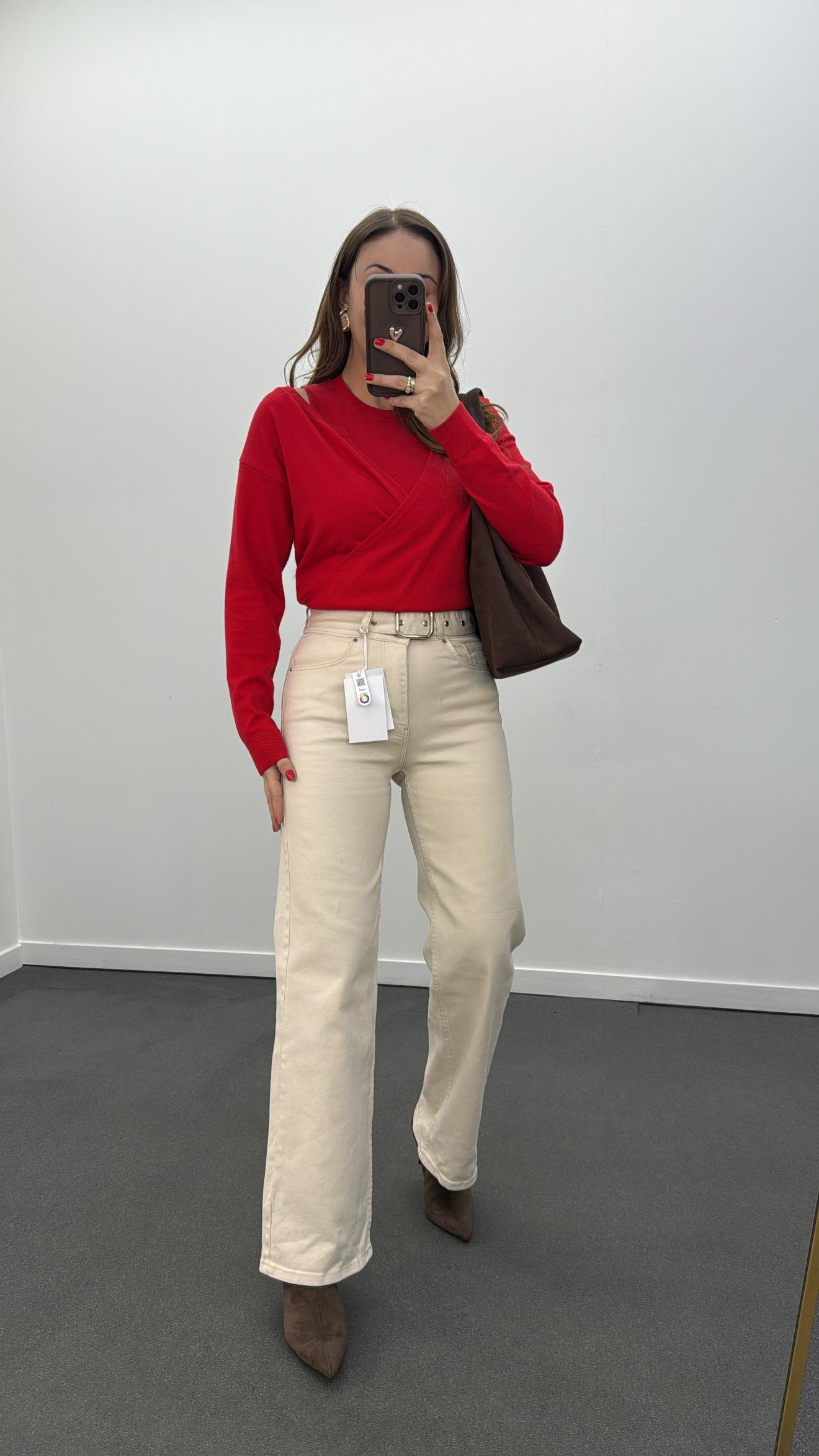 Rico Krem Renk Kemerli Palazzo Pantolon