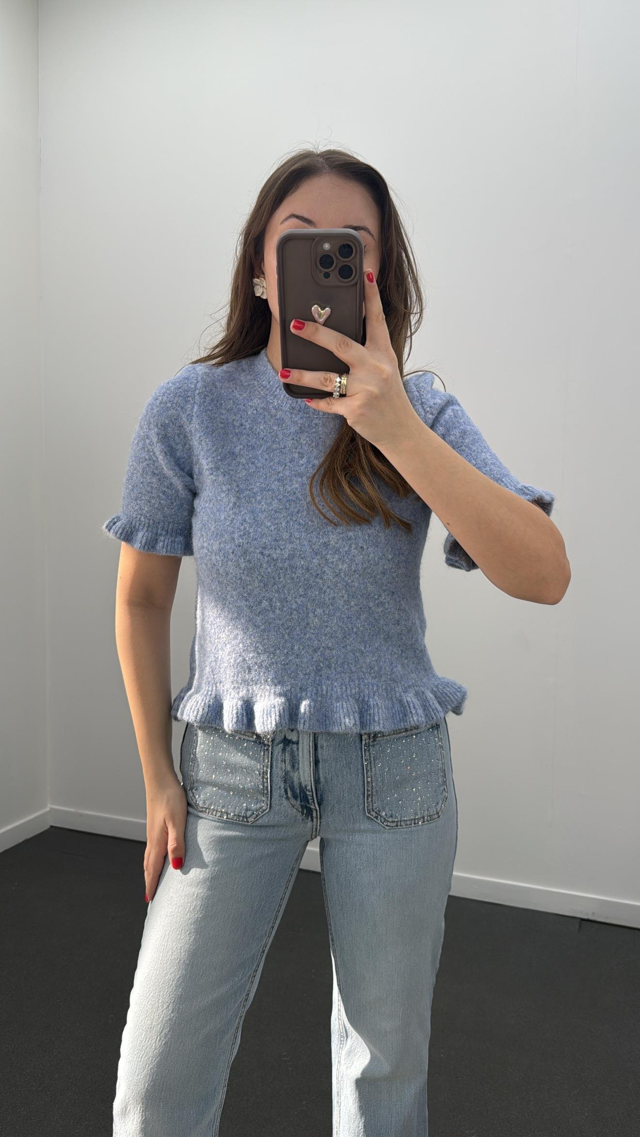 Riley Mavi Bisiklet Yaka Volanlı Kısa Kol Triko