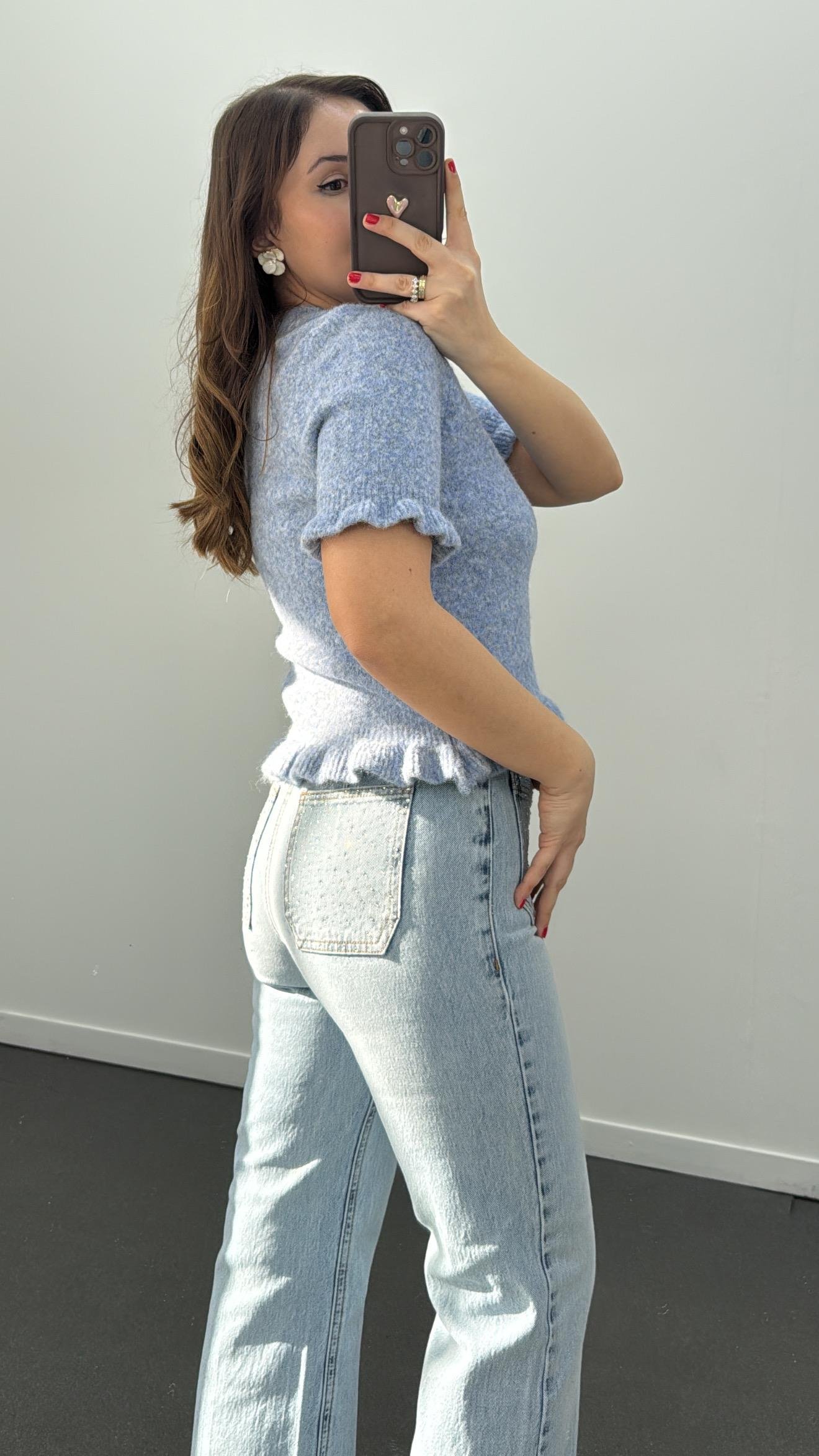 Riley Mavi Bisiklet Yaka Volanlı Kısa Kol Triko