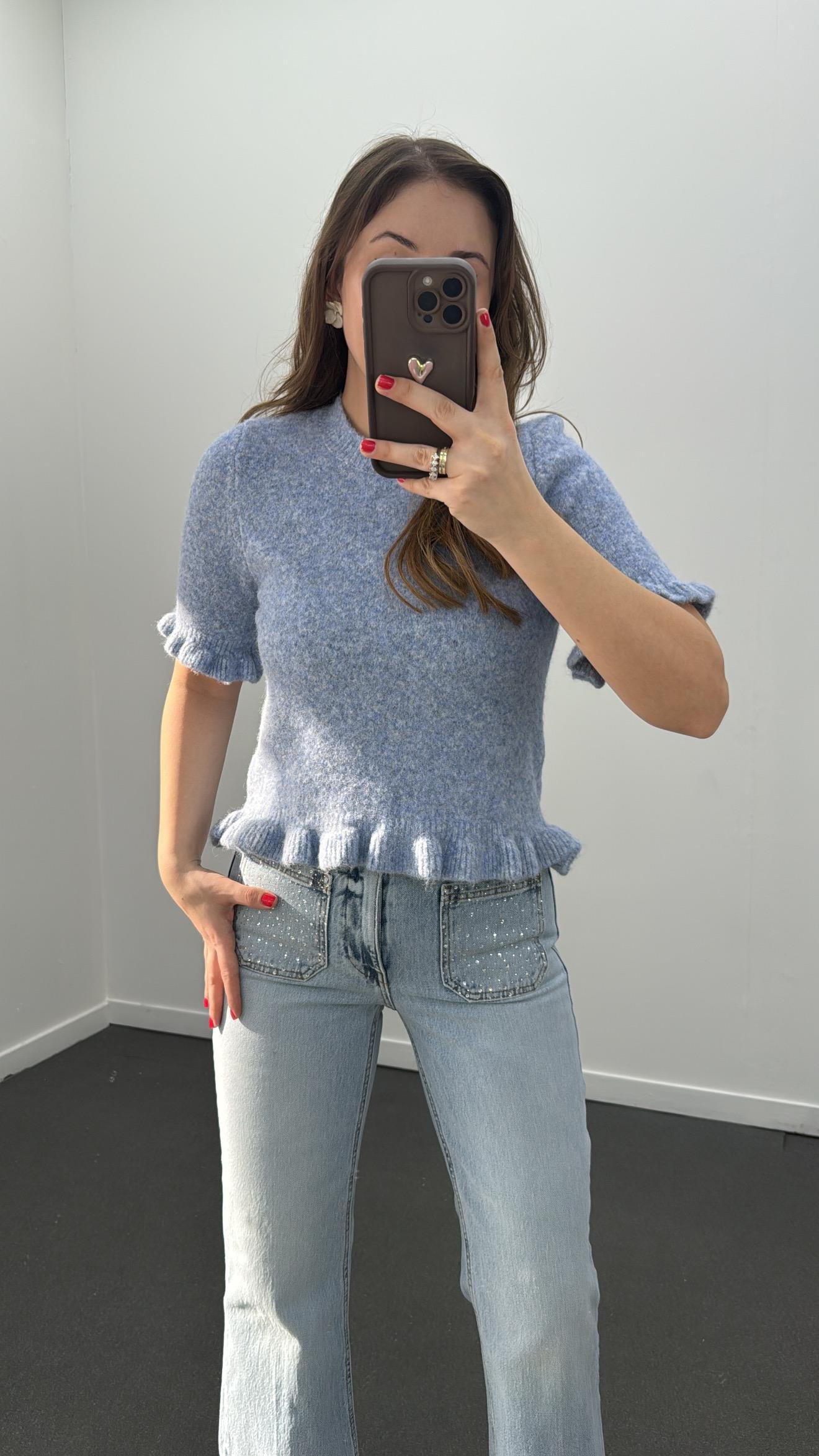 Riley Mavi Bisiklet Yaka Volanlı Kısa Kol Triko