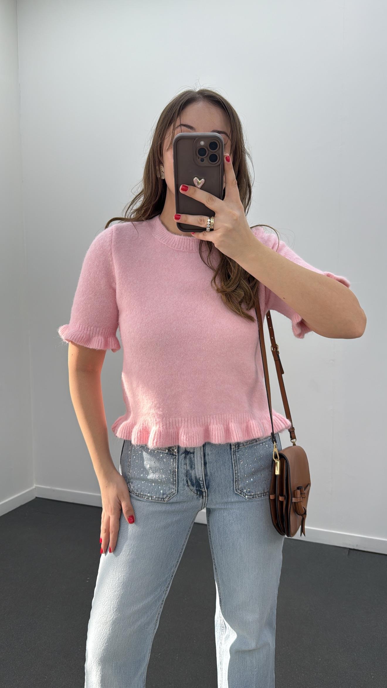 Riley Pembe Bisiklet Yaka Volanlı Kısa Kol Triko