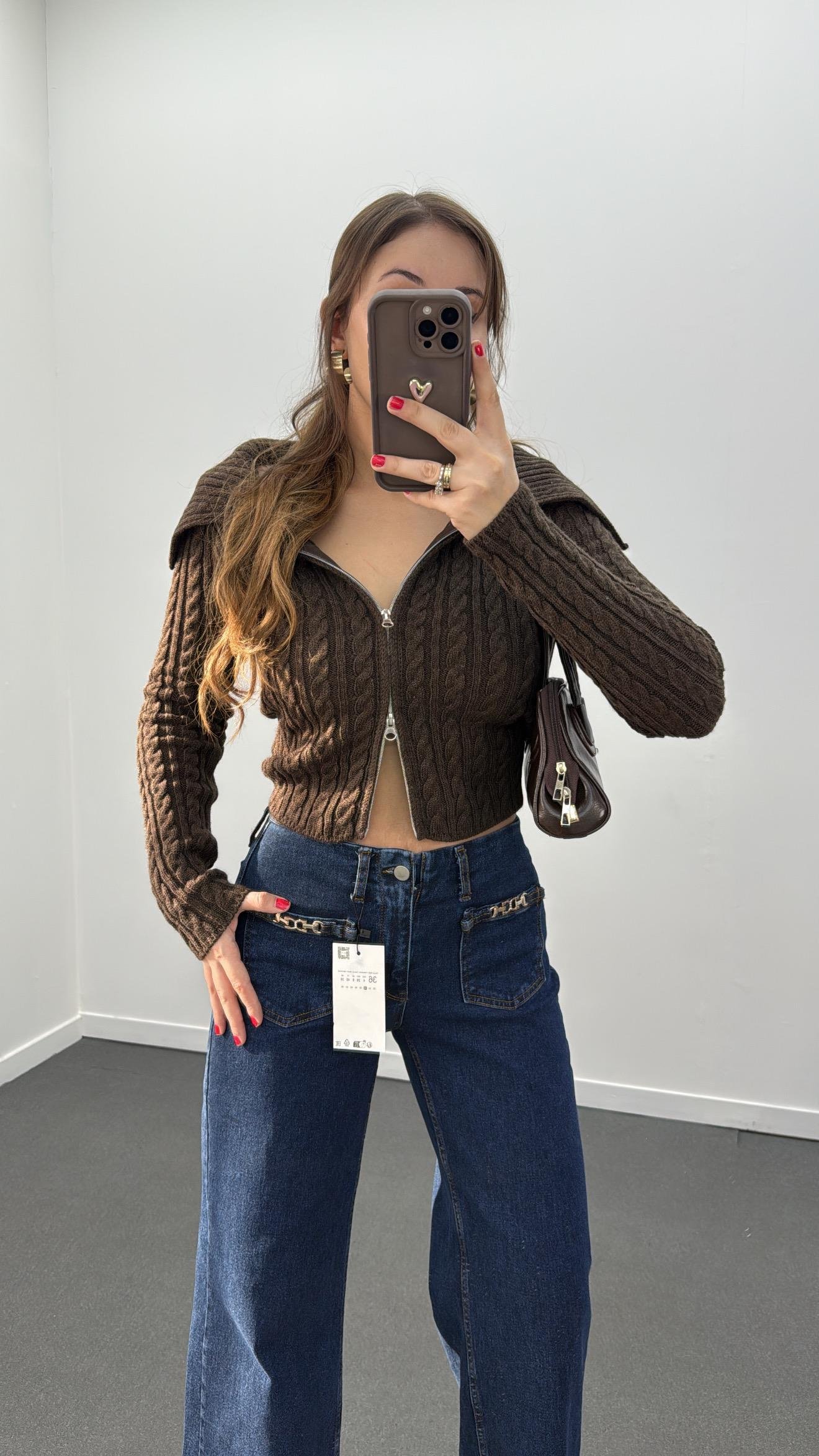 Rina Kahve Çift Fermuarlı Saç Örgü Hırka