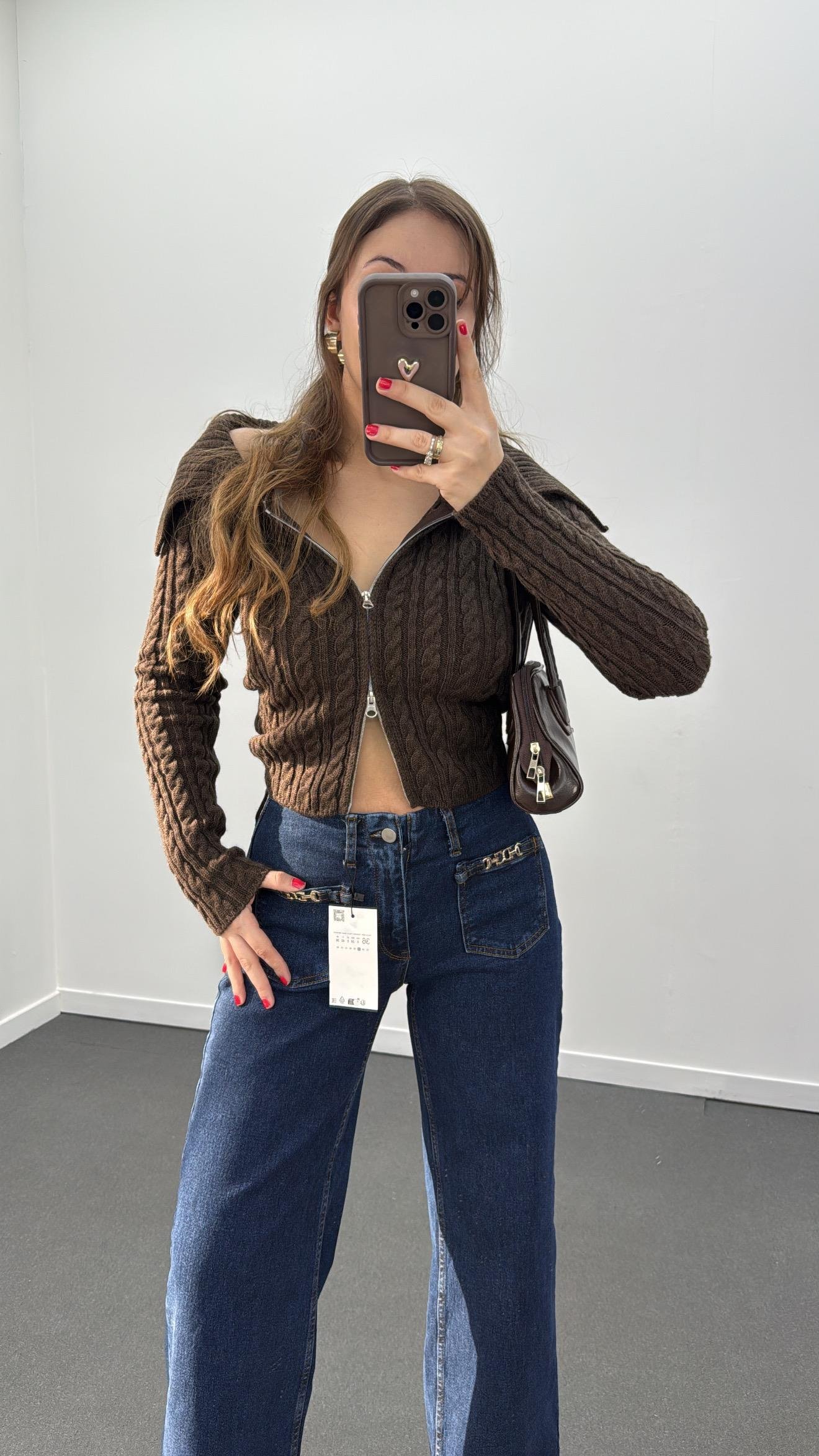 Rina Kahve Çift Fermuarlı Saç Örgü Hırka