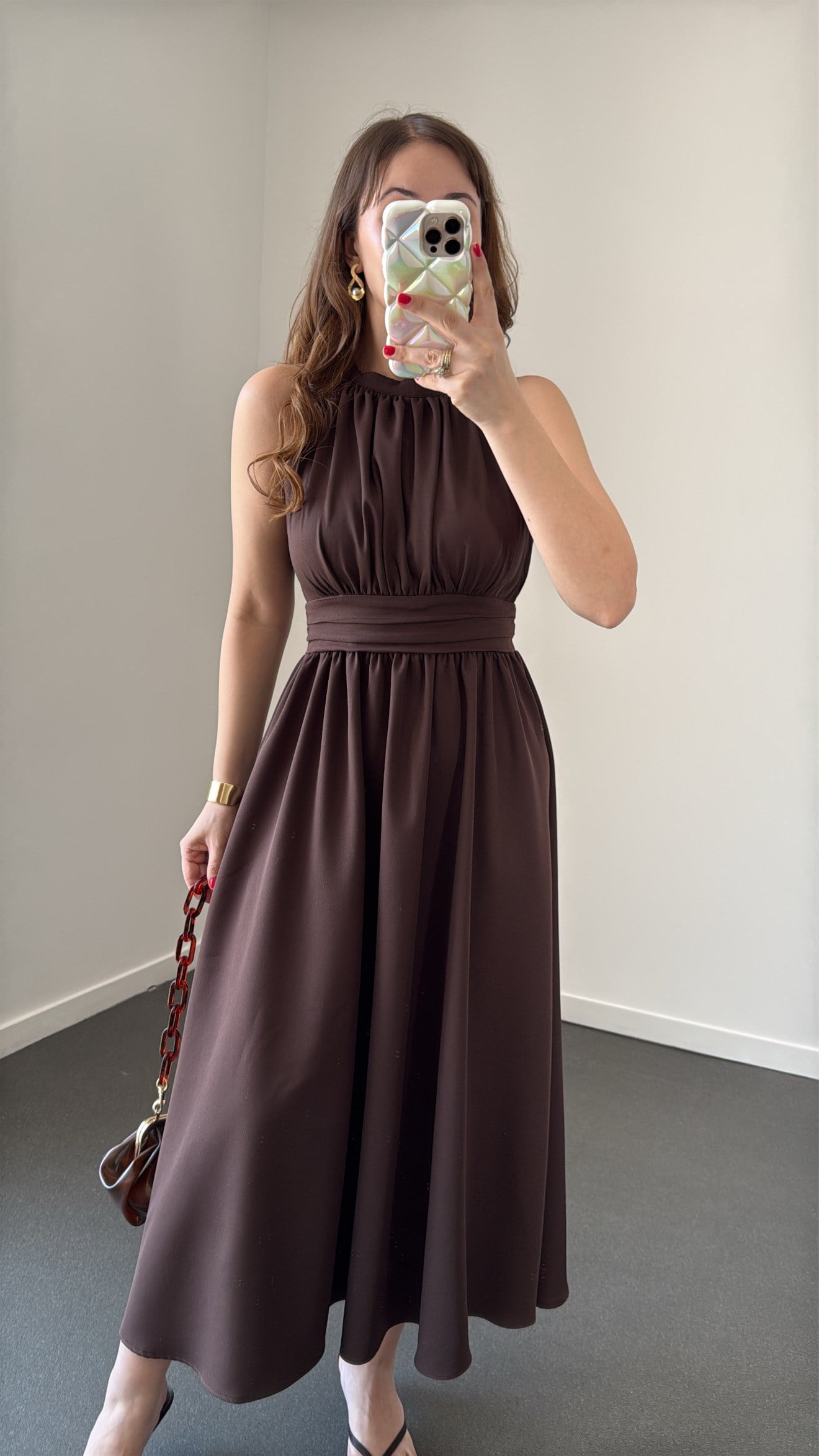 Riposa Kahve Halter Yaka Drapeli Maxi Elbise