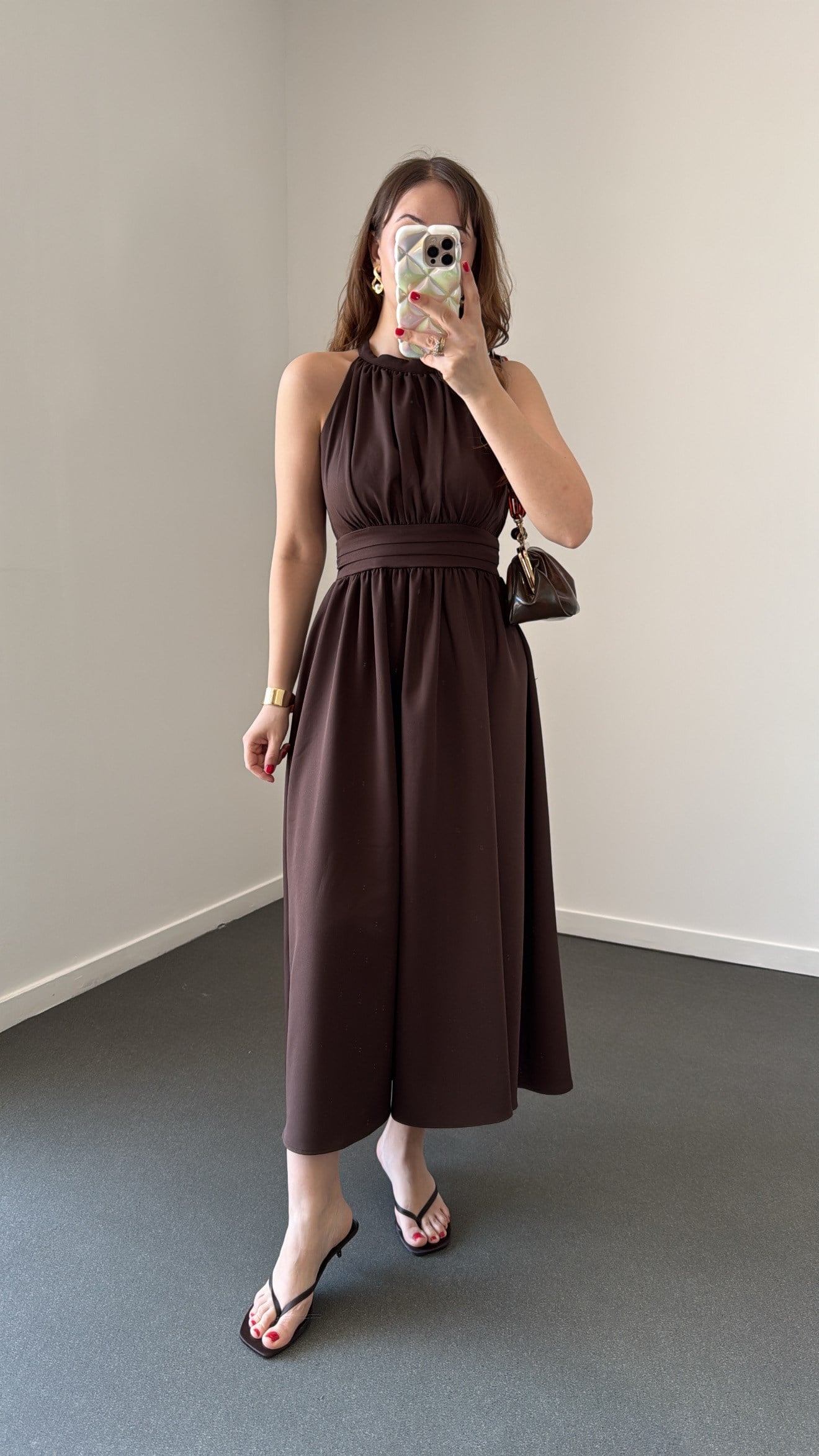 Riposa Kahve Halter Yaka Drapeli Maxi Elbise