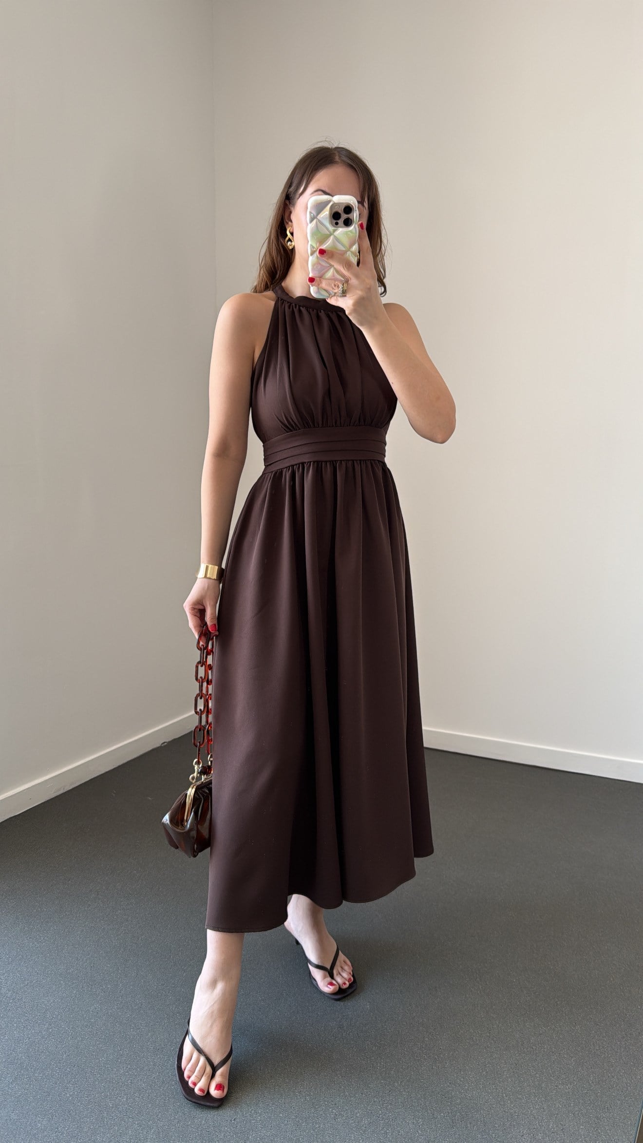 Riposa Kahve Halter Yaka Drapeli Maxi Elbise
