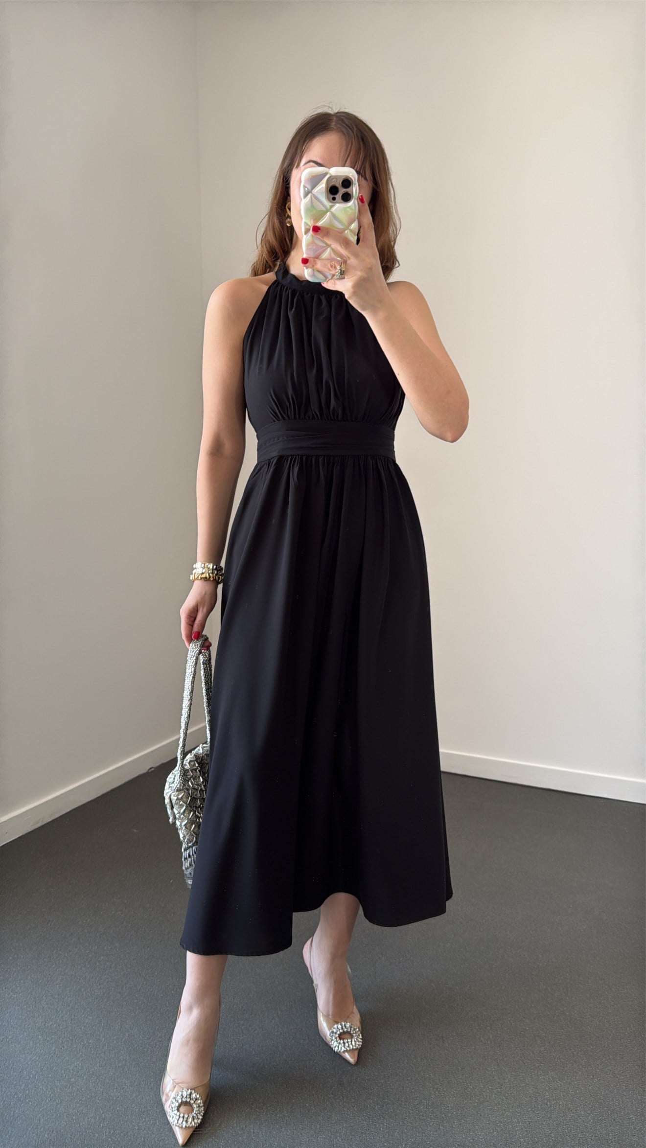 Riposa Siyah Halter Yaka Drapeli Maxi Elbise