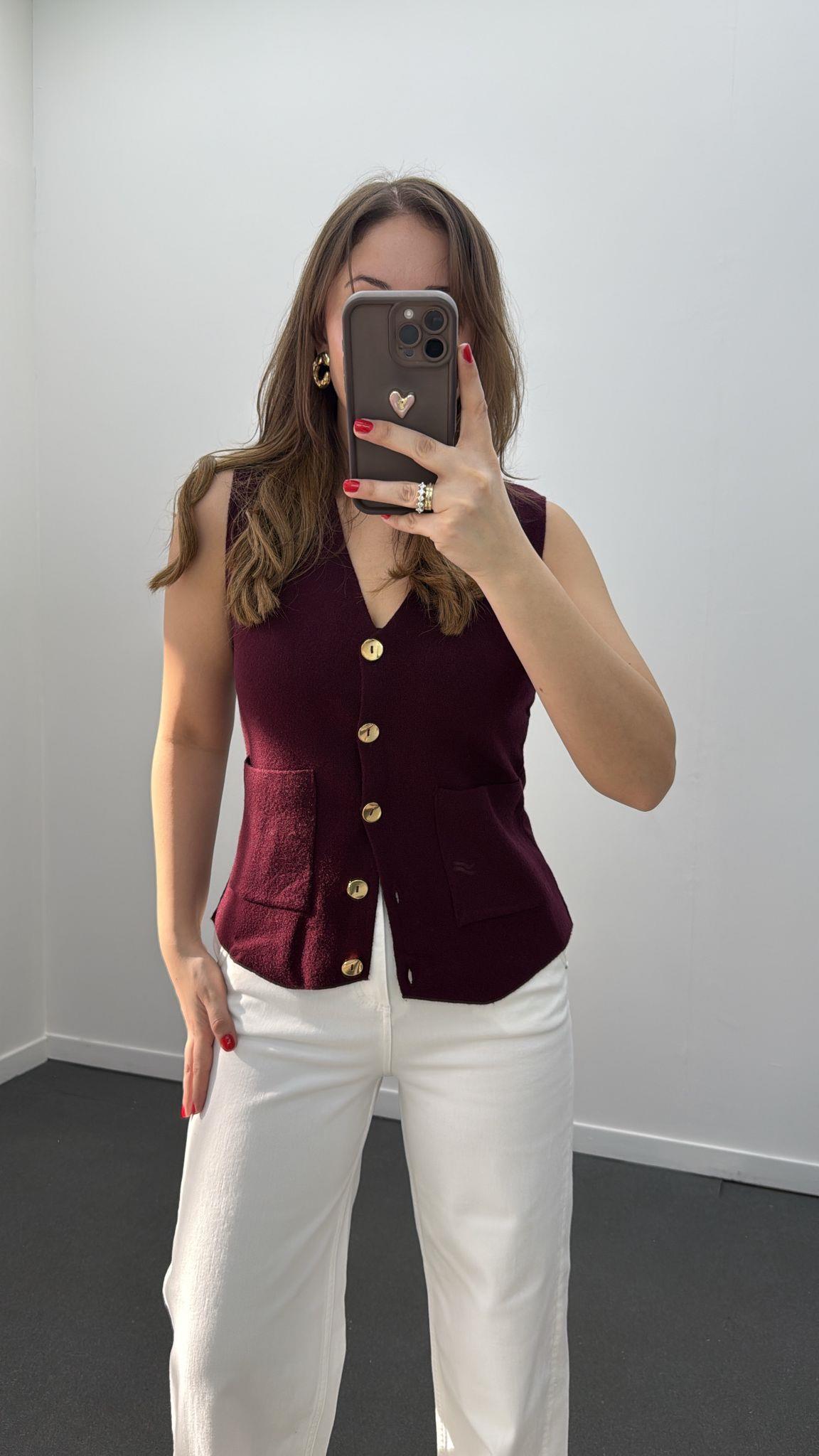 Risela Bordo Gold Düğmeli Yumuşak Triko Hırka