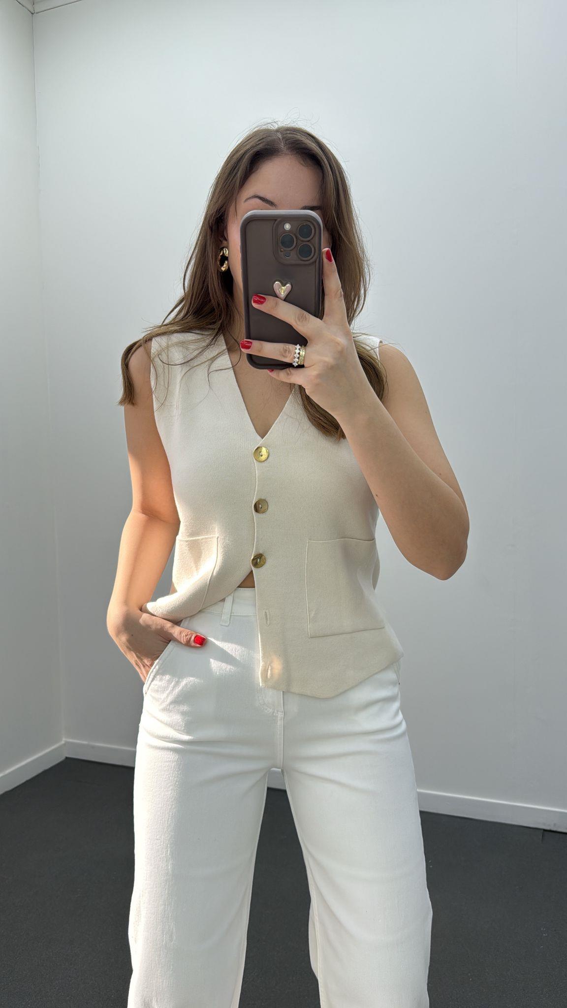 Risela Krem Gold Düğmeli Yumuşak Triko Hırka