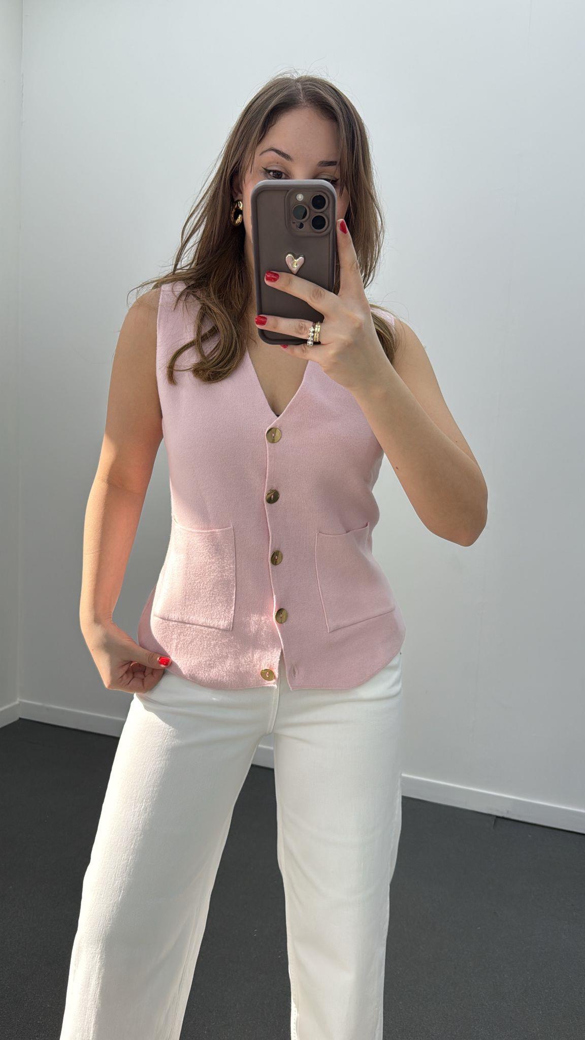 Risela Pembe Gold Düğmeli Yumuşak Triko Hırka