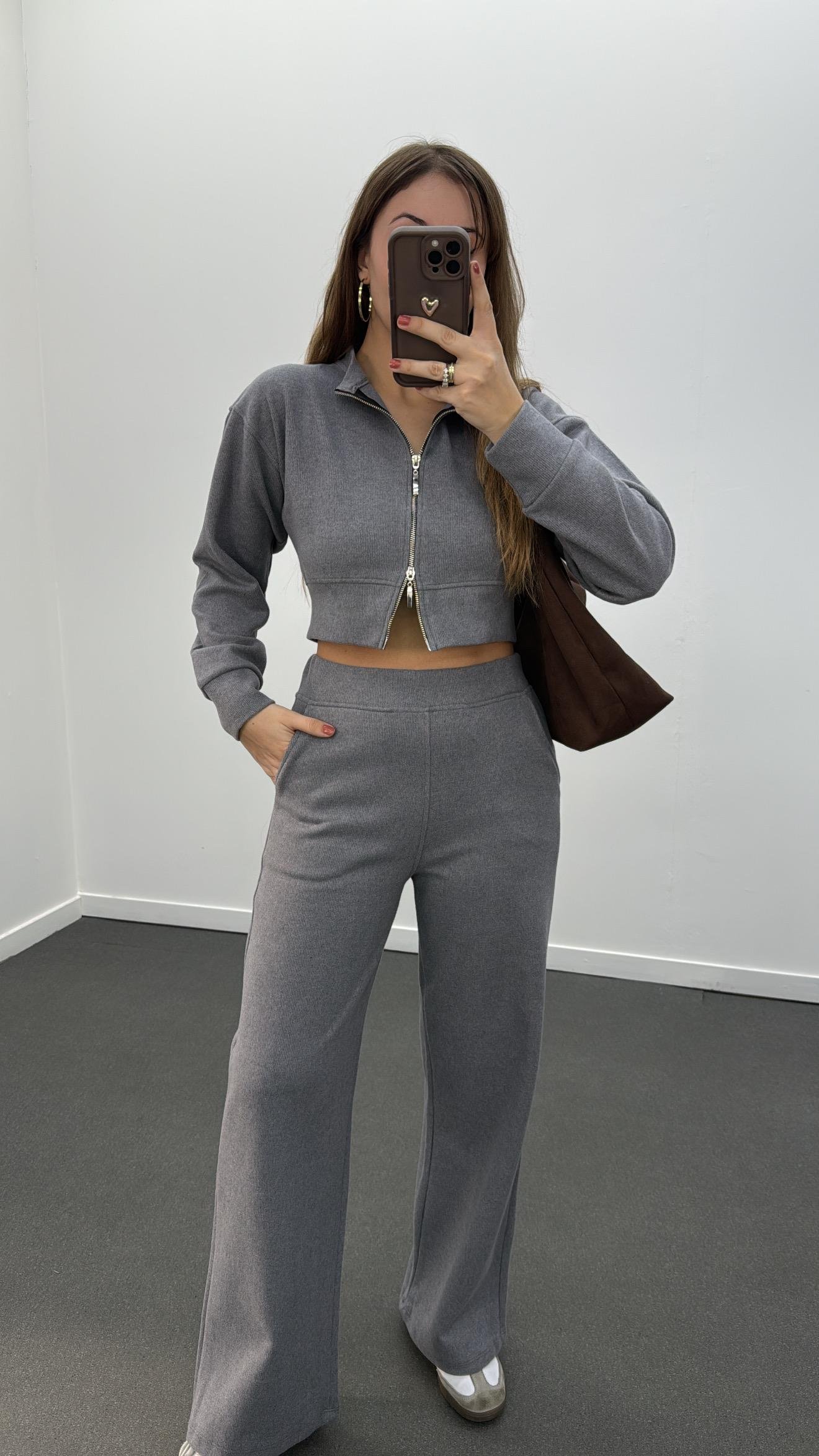 Riven Gri Çift Fermuarlı Crop Hırka Ve Eşofman Takımı