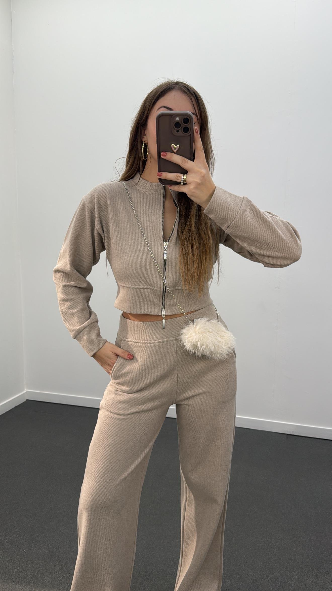 Riven Vizon Çift Fermuarlı Crop Hırka Ve Eşofman Takımı