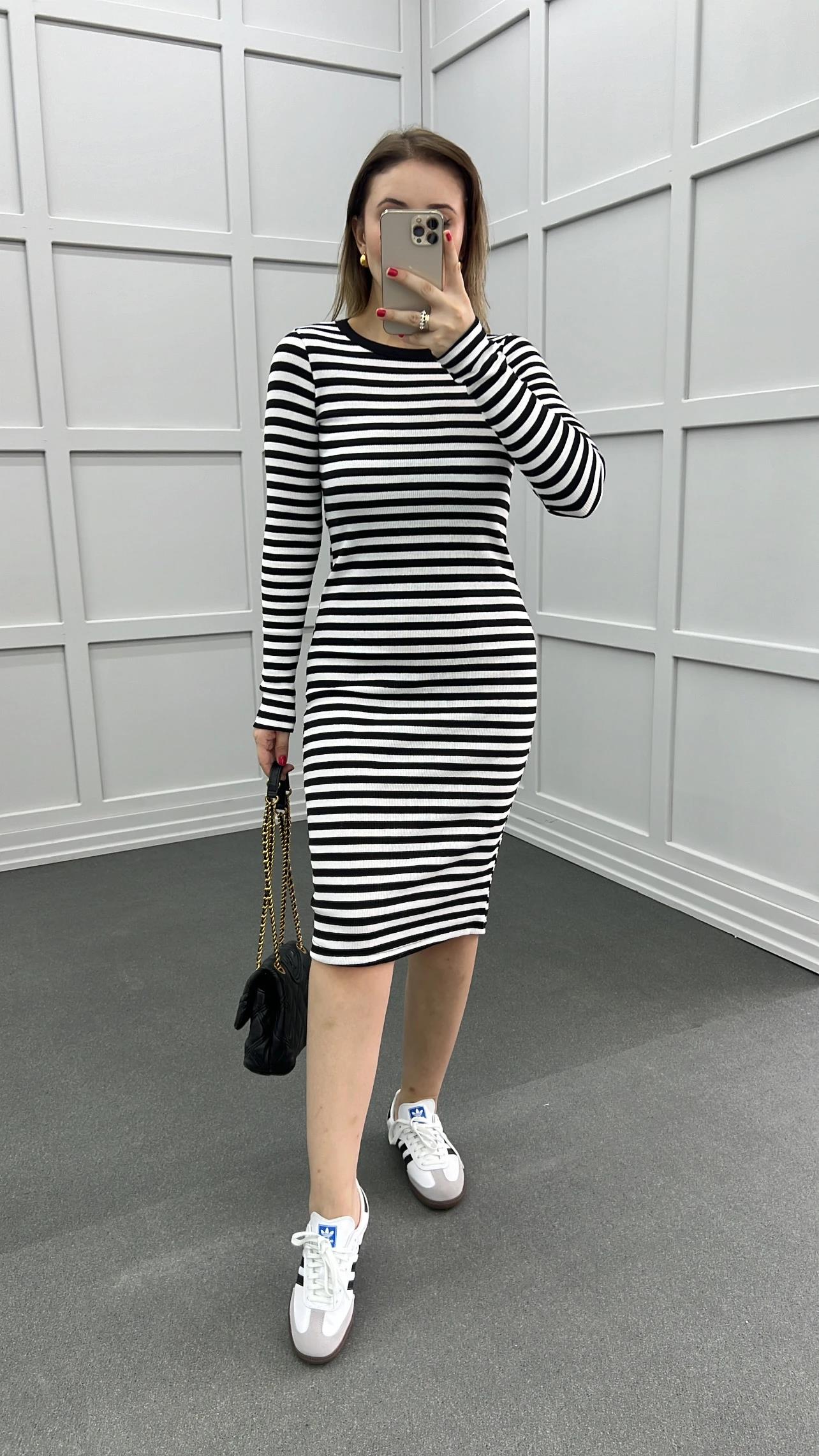 River Siyah Beyaz Çizgili Uzun Kol Midi Elbise