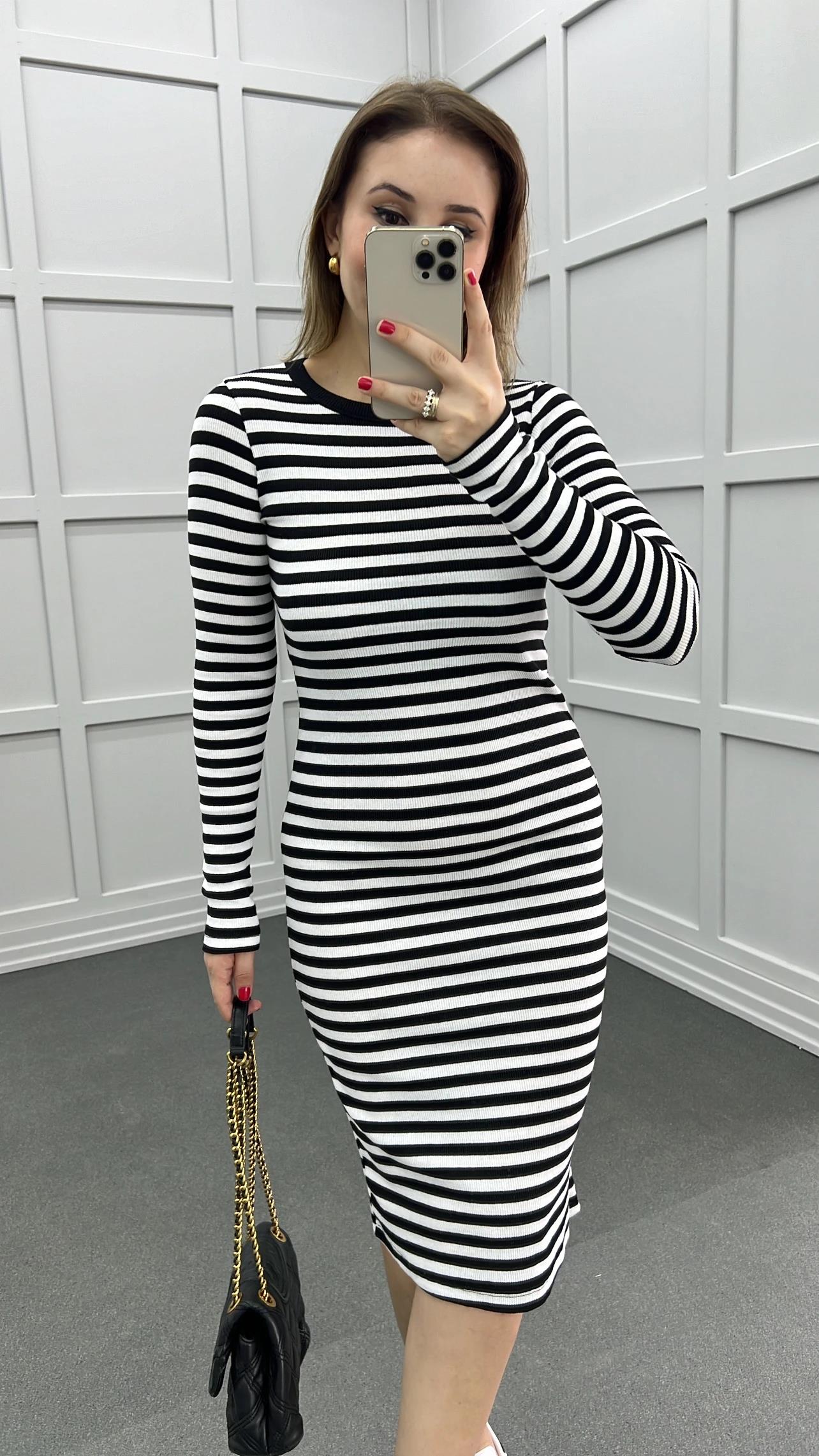 River Siyah Beyaz Çizgili Uzun Kol Midi Elbise