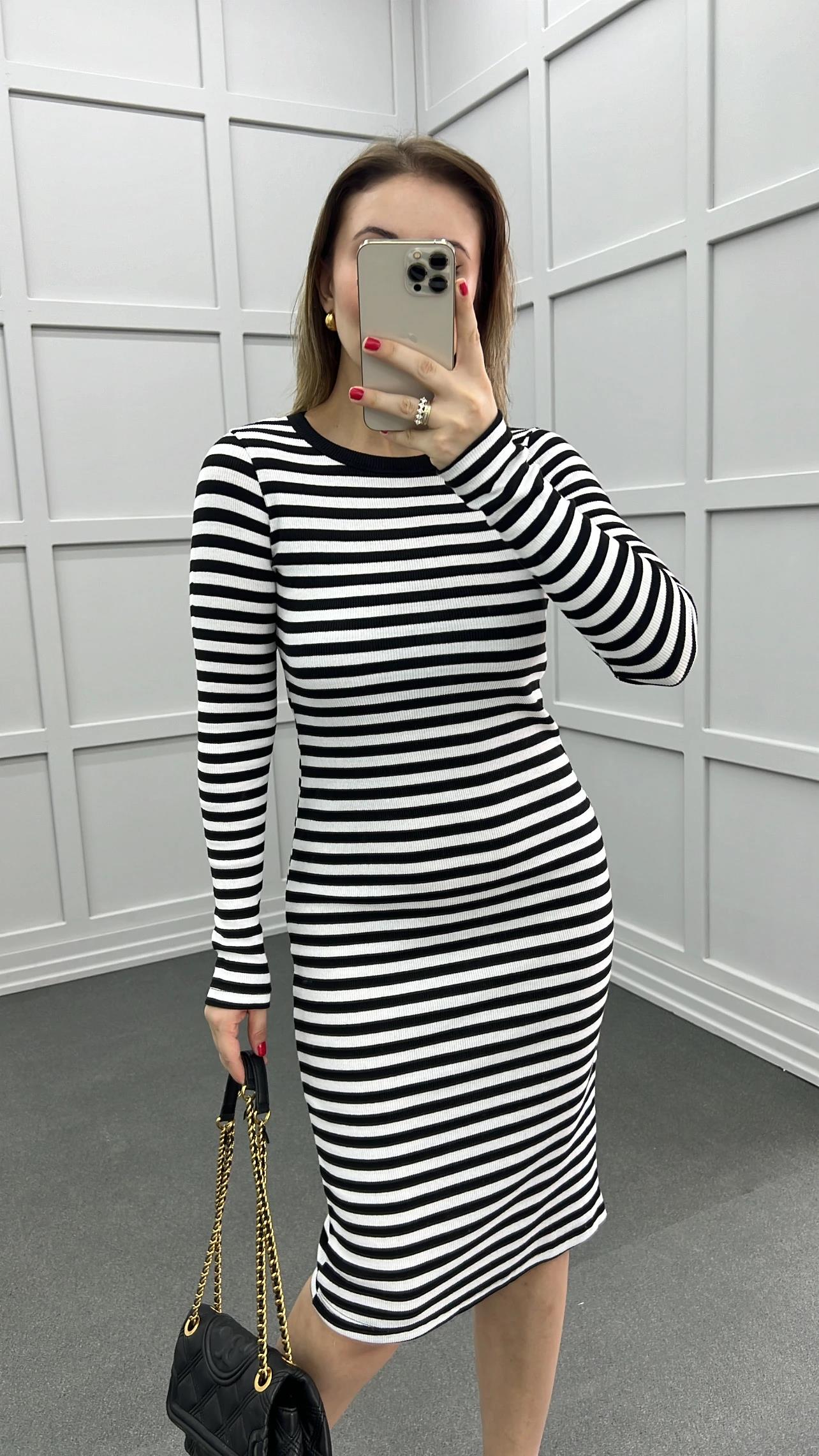 River Siyah Beyaz Çizgili Uzun Kol Midi Elbise