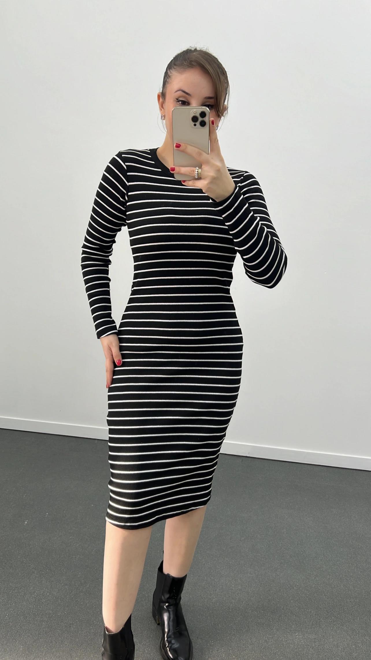 River Siyah Çizgili Uzun Kol Midi Elbise