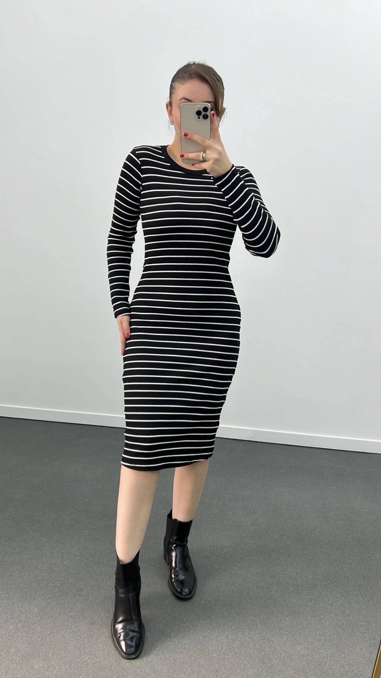 River Siyah Çizgili Uzun Kol Midi Elbise