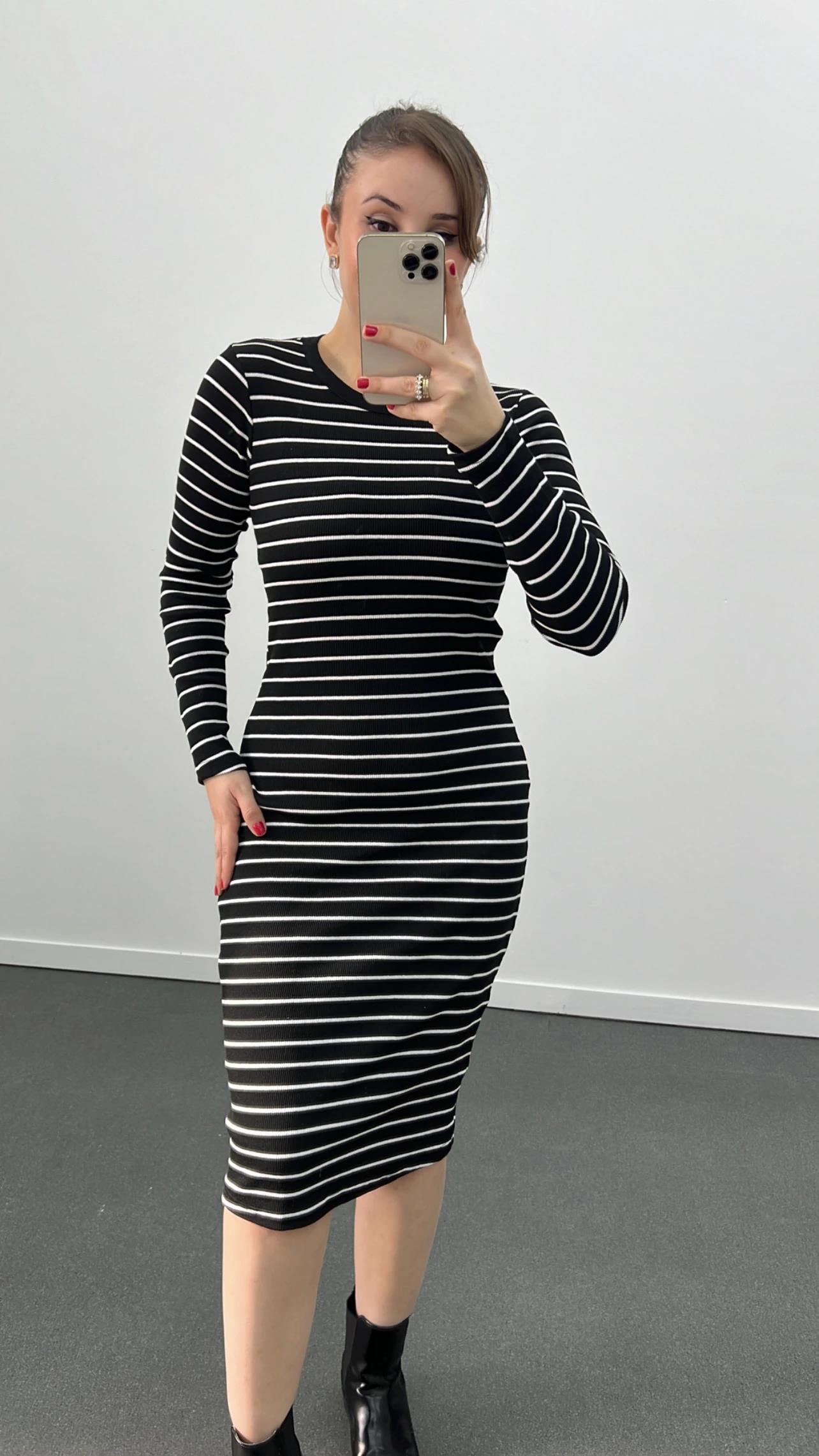 River Siyah Çizgili Uzun Kol Midi Elbise