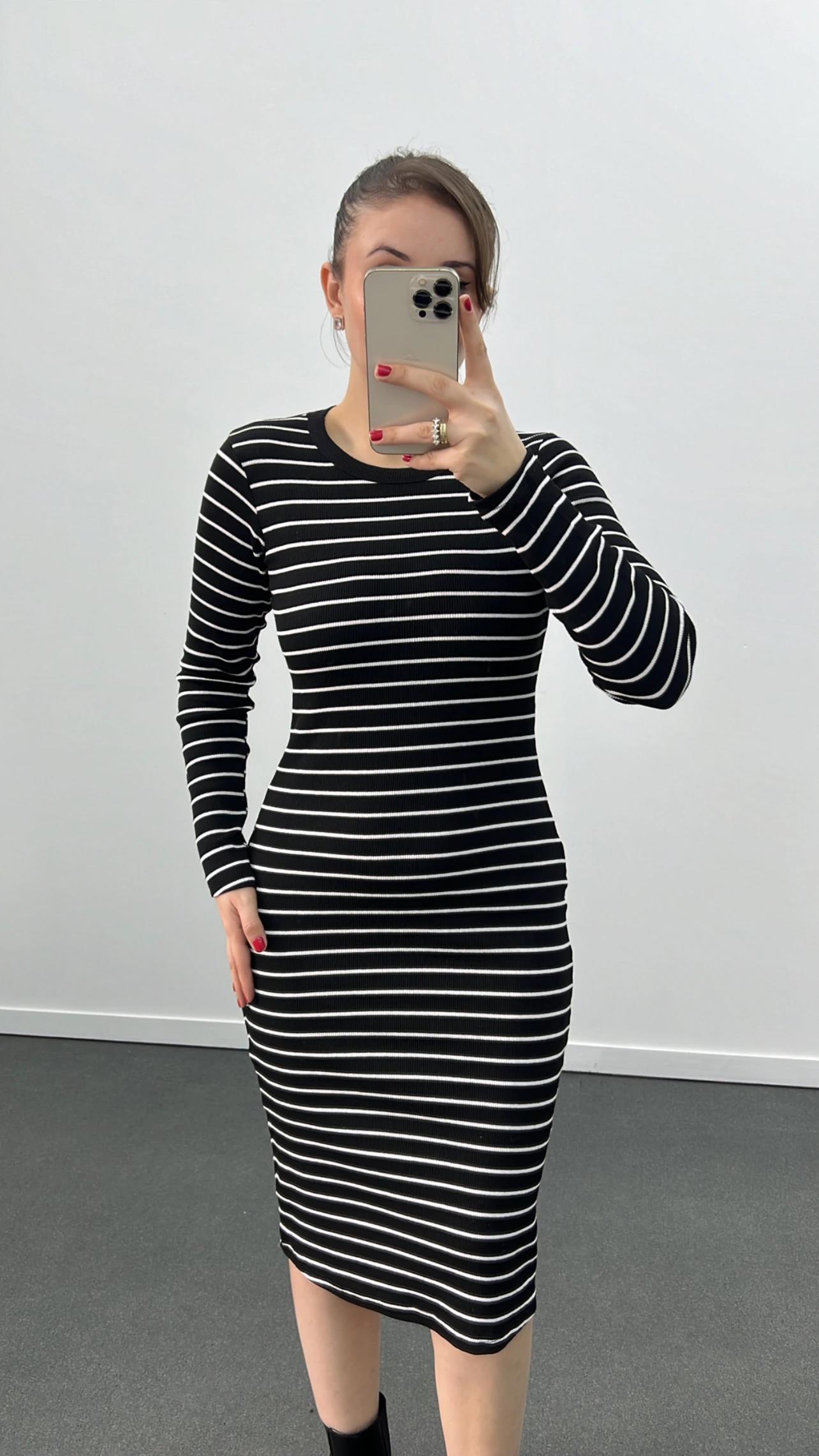 River Siyah Çizgili Uzun Kol Midi Elbise