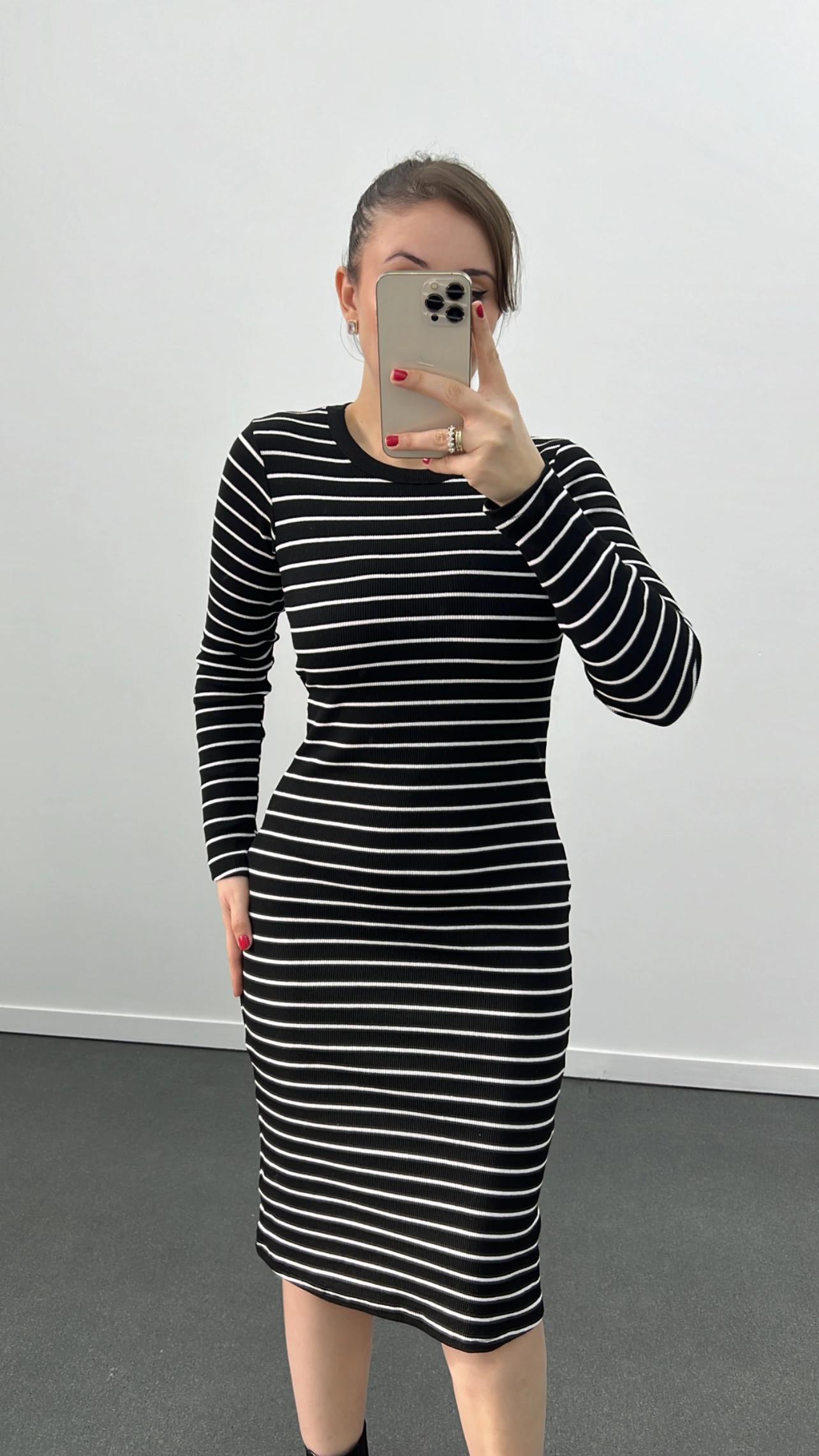 River Siyah Çizgili Uzun Kol Midi Elbise