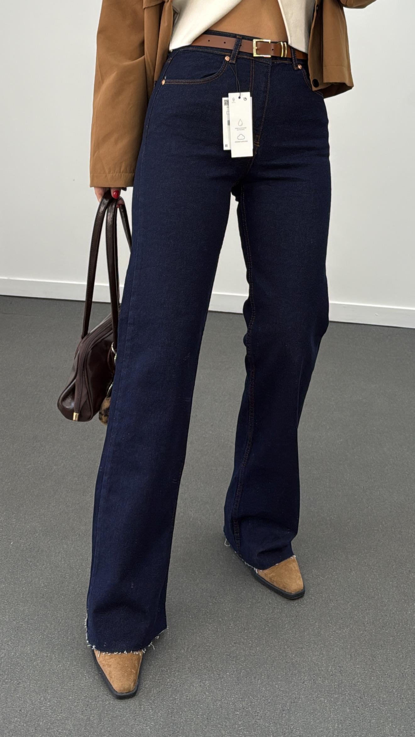 Roma Lacivert Yıkamalı Wide Leg Jeans