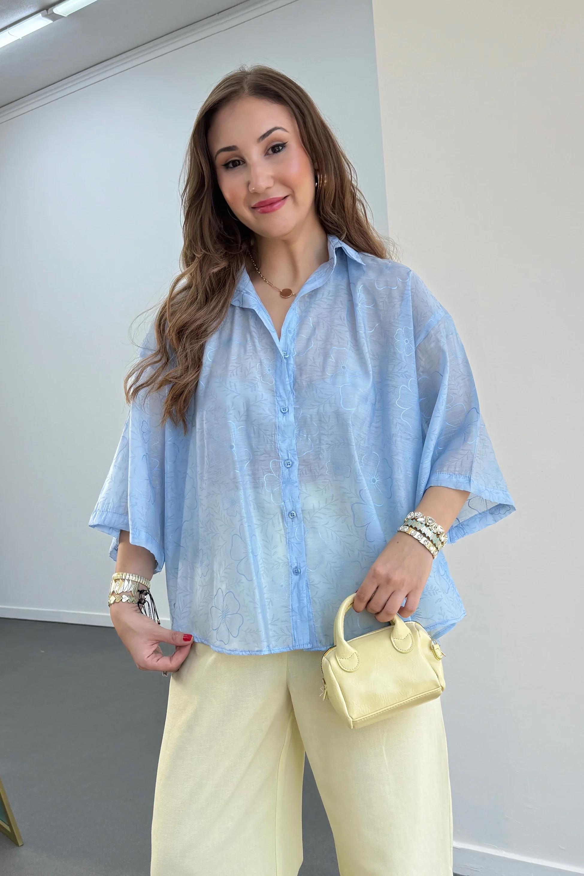 Romi Mavi Desenli Yarım Kol Gömlek