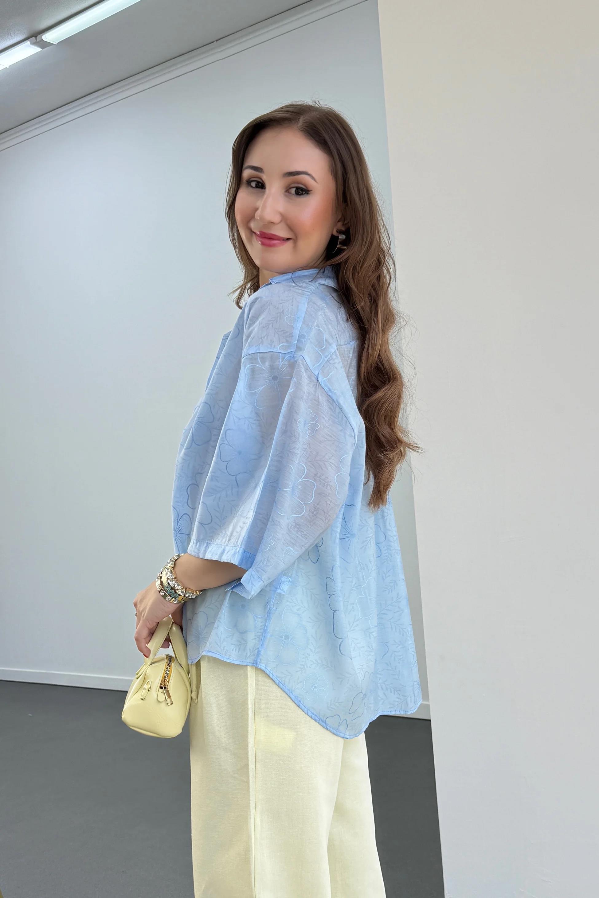 Romi Mavi Desenli Yarım Kol Gömlek