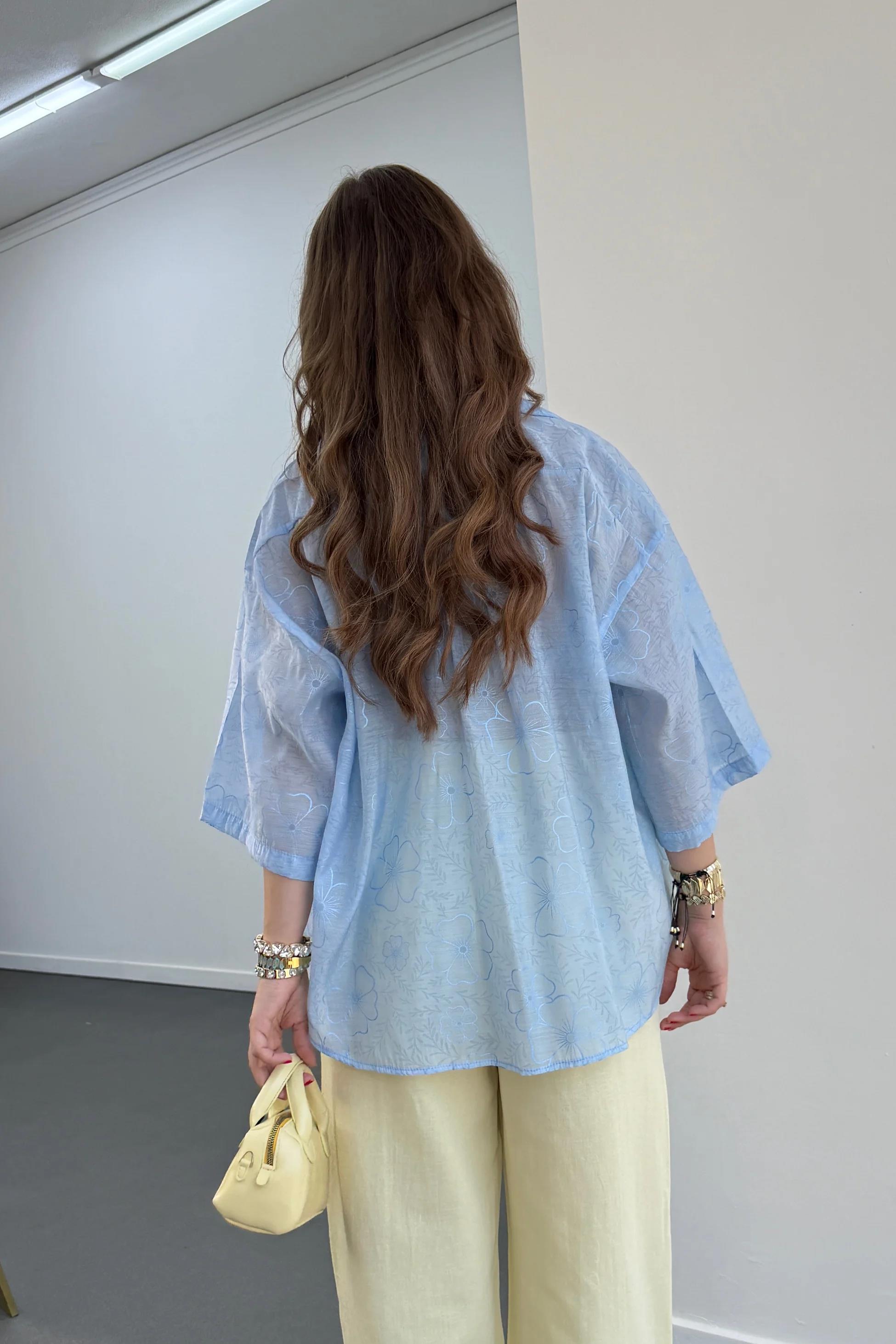 Romi Mavi Desenli Yarım Kol Gömlek