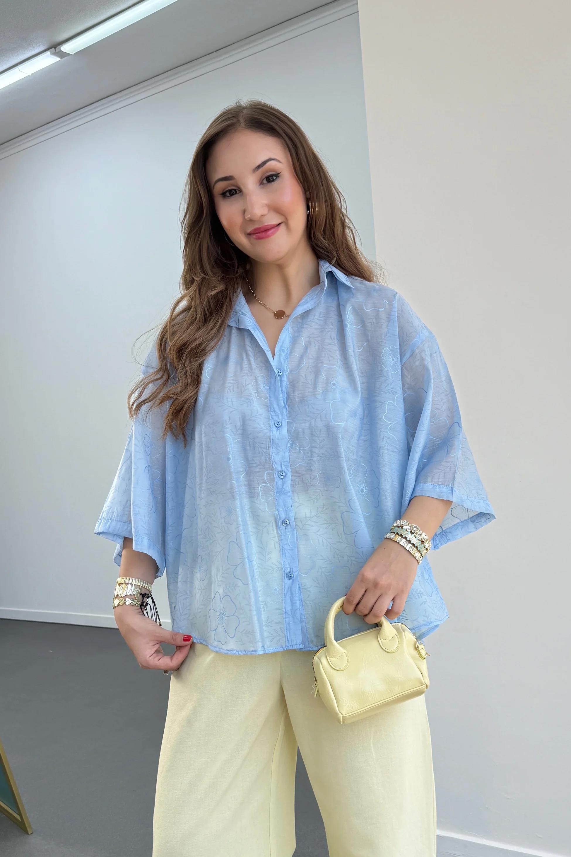 Romi Mavi Desenli Yarım Kol Gömlek