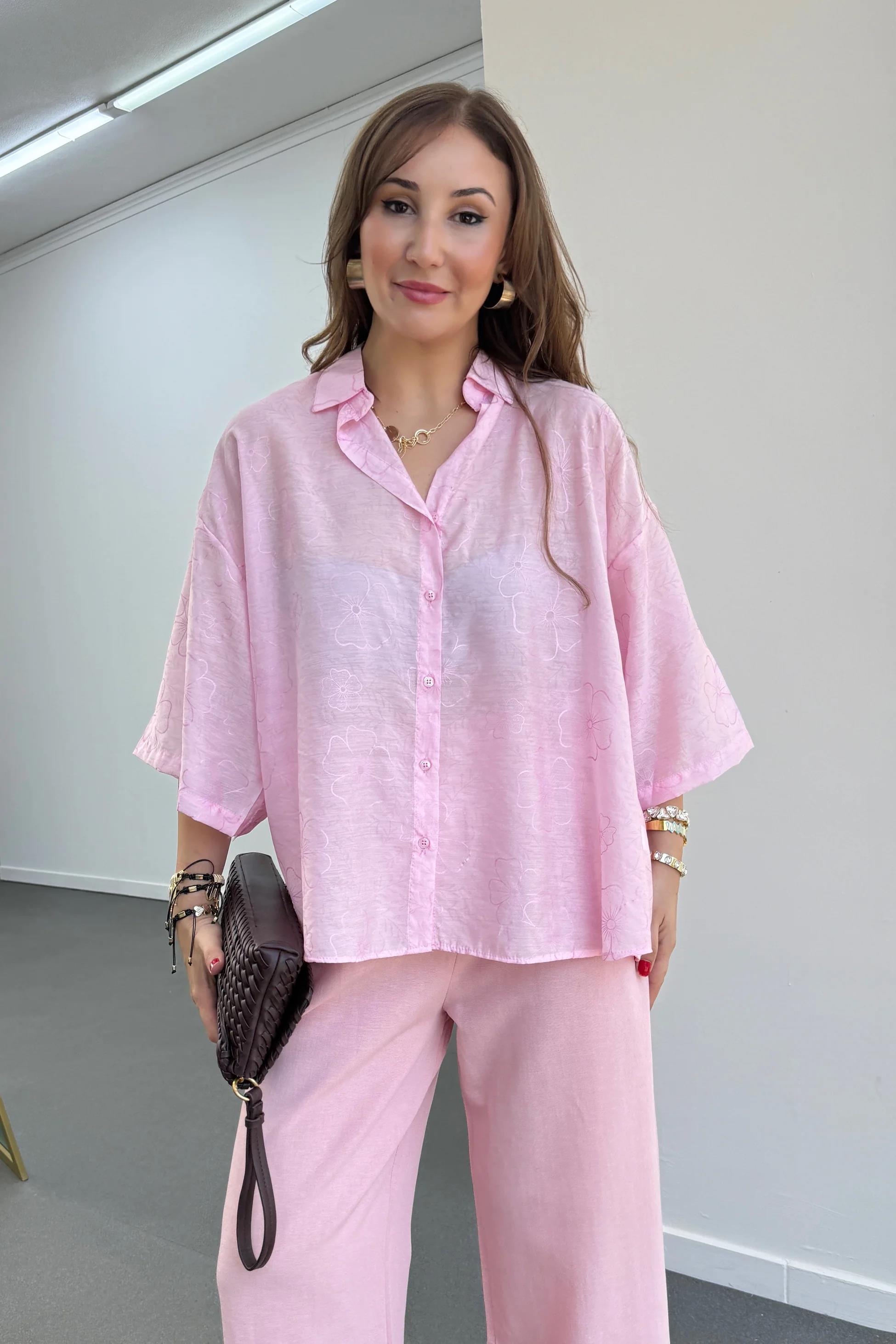 Romi Pembe Desenli Yarım Kol Gömlek