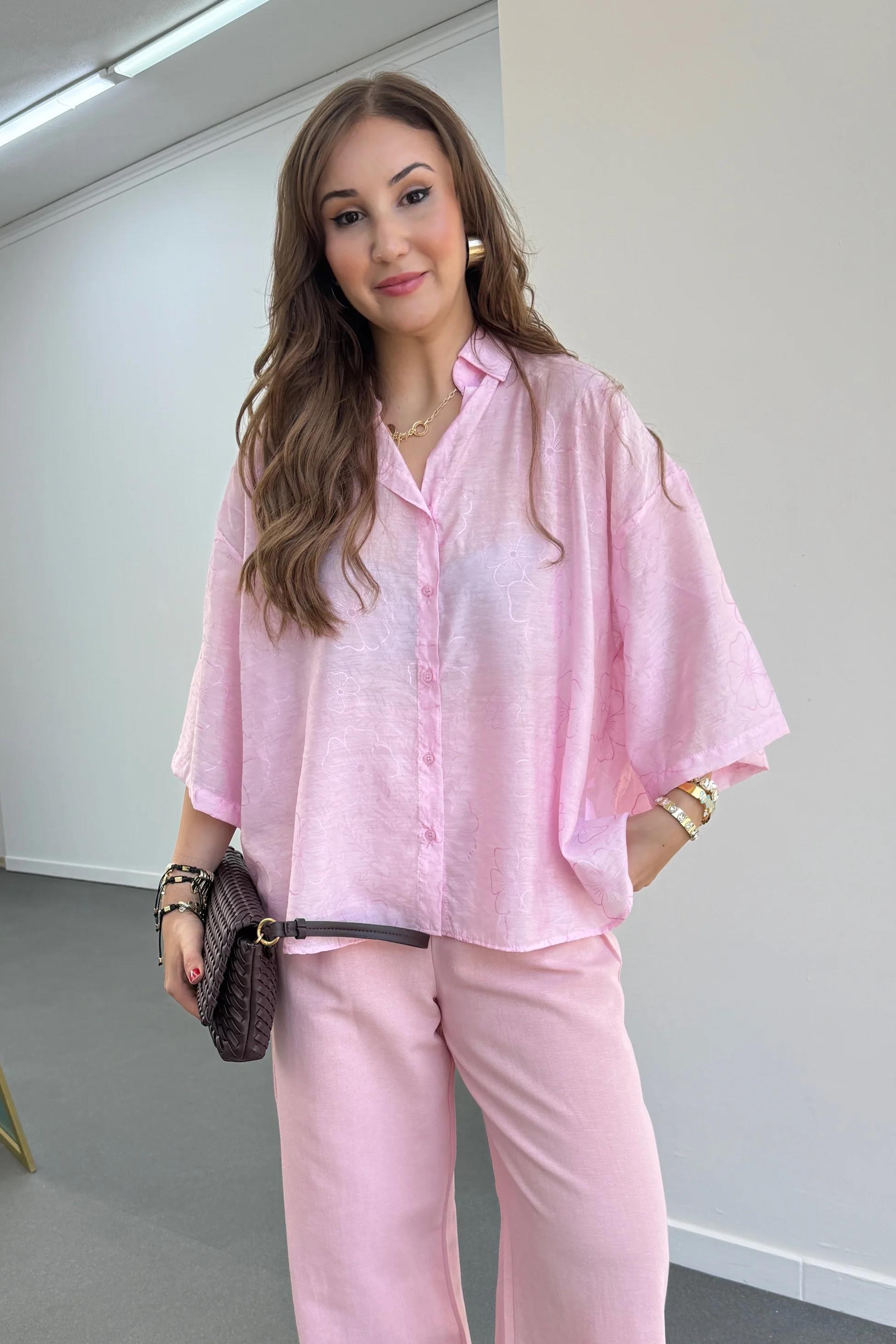 Romi Pembe Desenli Yarım Kol Gömlek