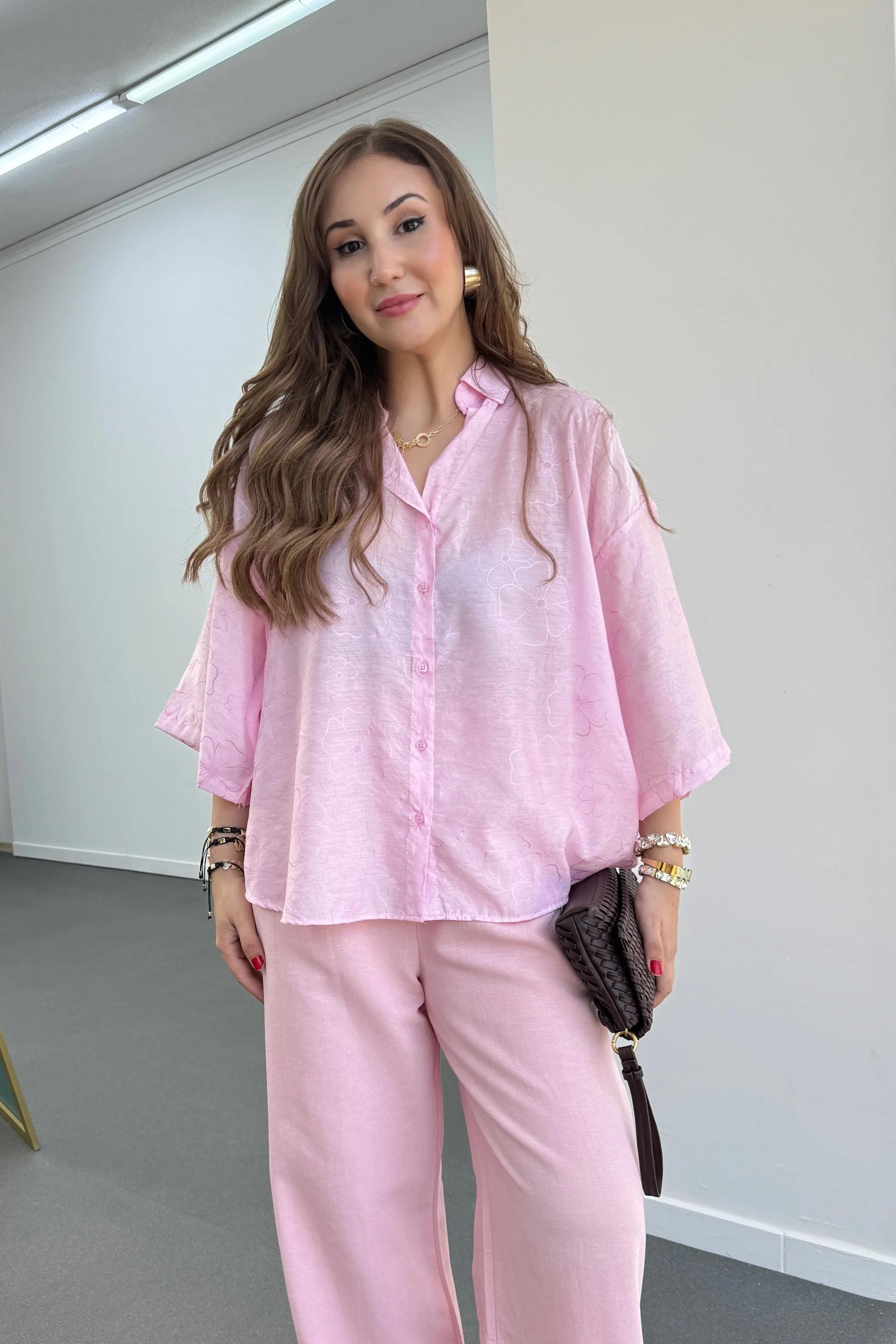 Romi Pembe Desenli Yarım Kol Gömlek