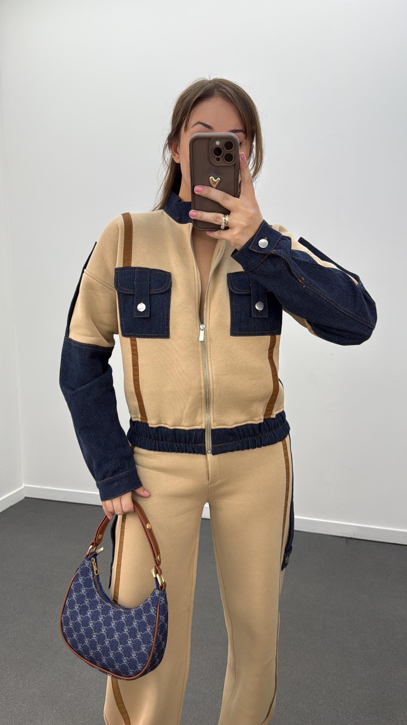 Romina Bej Denim Mix Şardonlu Ceket Eşofman Takımı