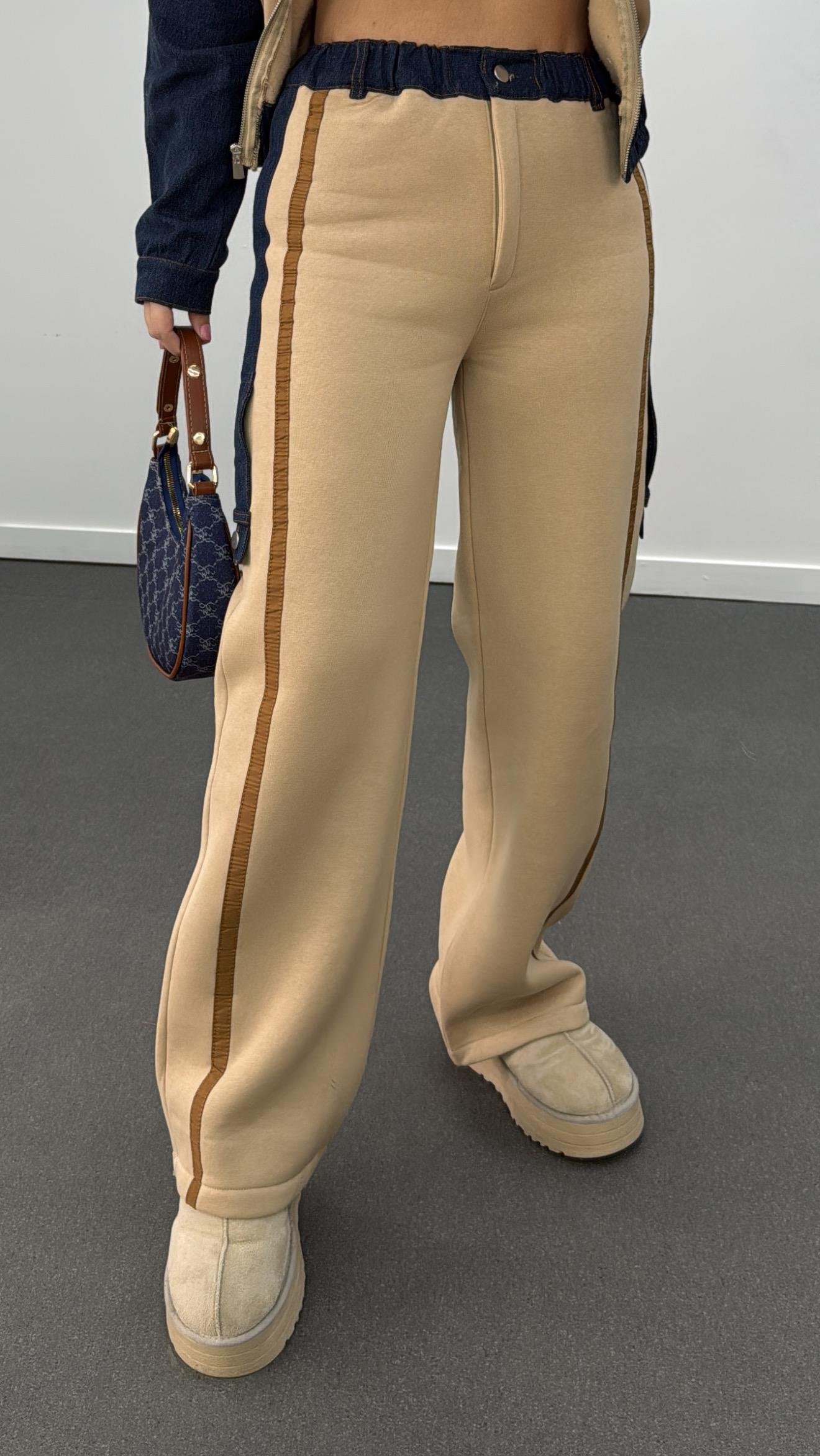 Romina Bej Denim Mix Şardonlu Ceket Eşofman Takımı