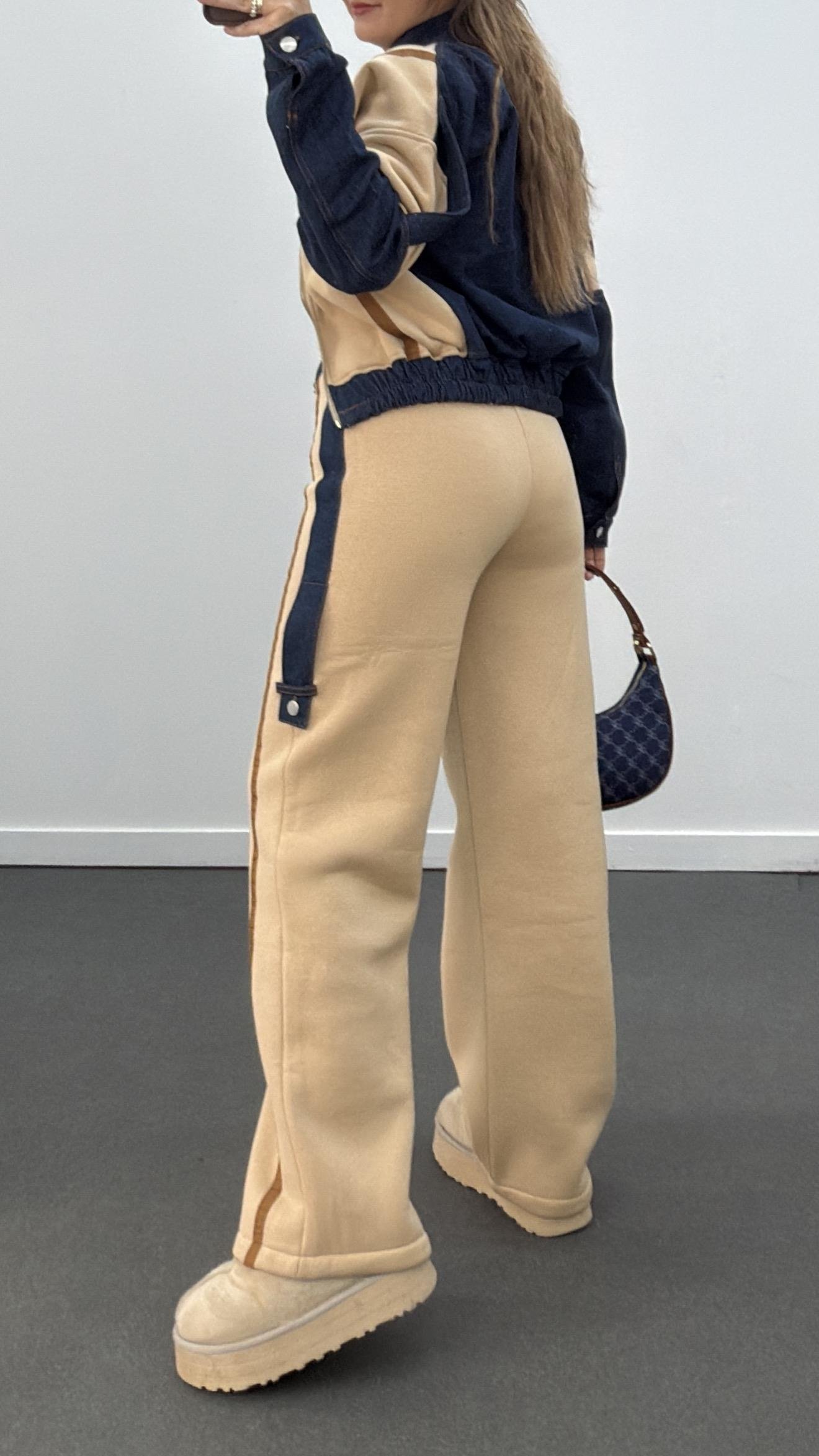 Romina Bej Denim Mix Şardonlu Ceket Eşofman Takımı