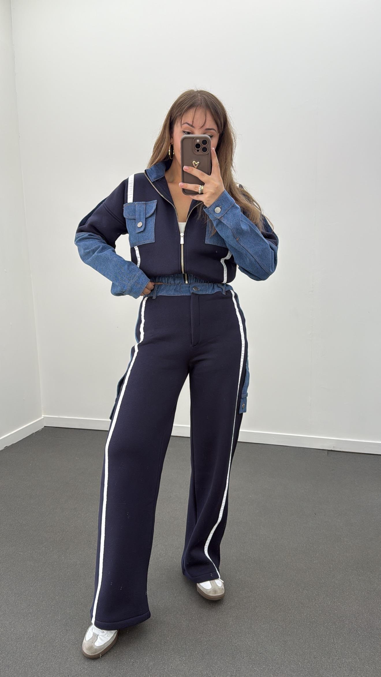 Romina Lacivert Denim Mix Şardonlu Ceket-Eşofman Takımı