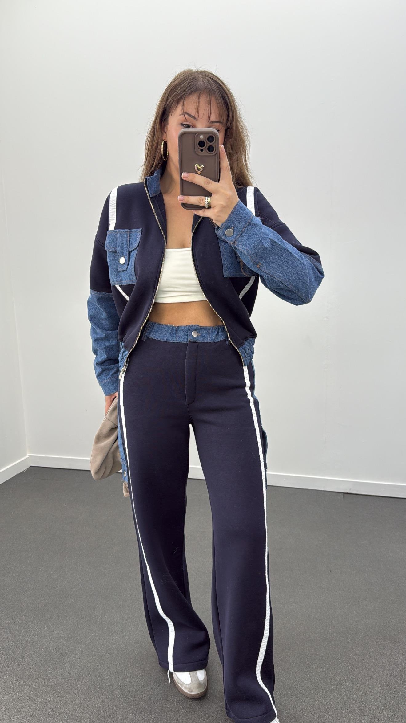 Romina Lacivert Denim Mix Şardonlu Ceket-Eşofman Takımı