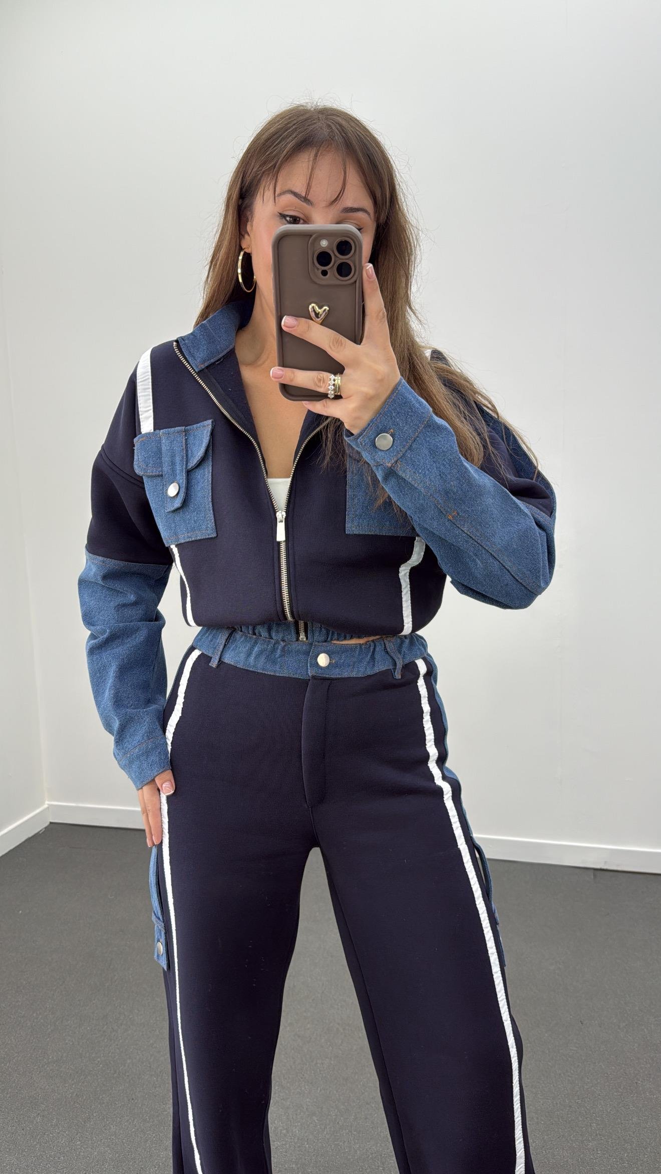 Romina Lacivert Denim Mix Şardonlu Ceket-Eşofman Takımı