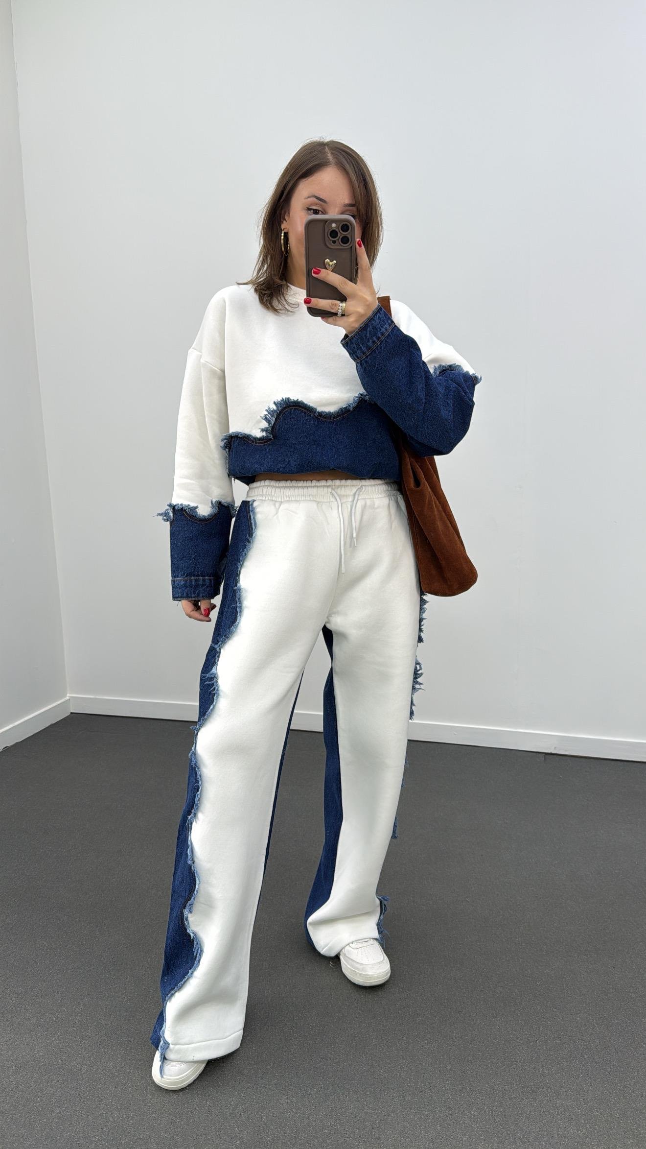 Roya Beyaz Kot Mixli Eşofman Takım