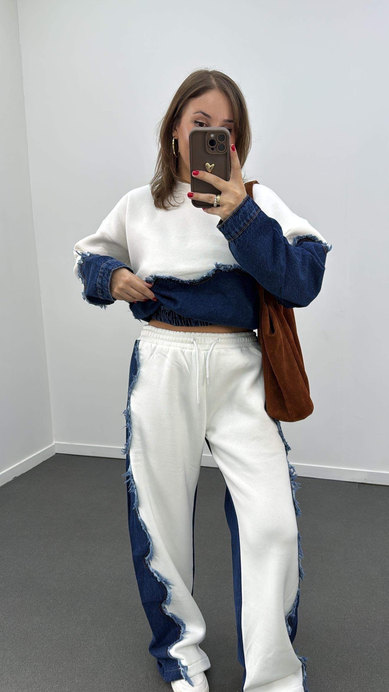 Roya Beyaz Kot Mixli Eşofman Takım