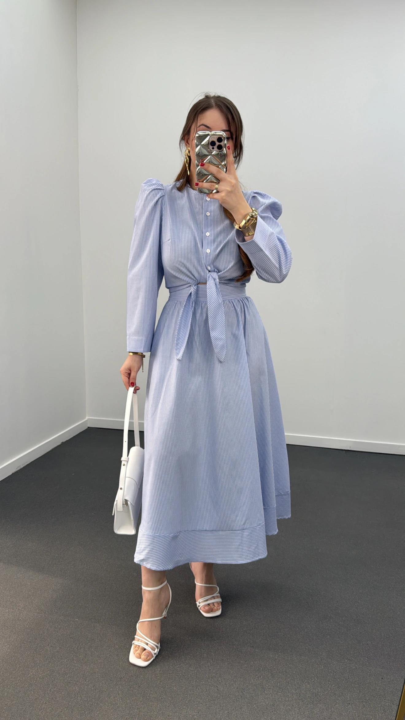 Saghar Mavi Çizgili Karpuz Kol Gömlek Ve Midi Etek Takımı