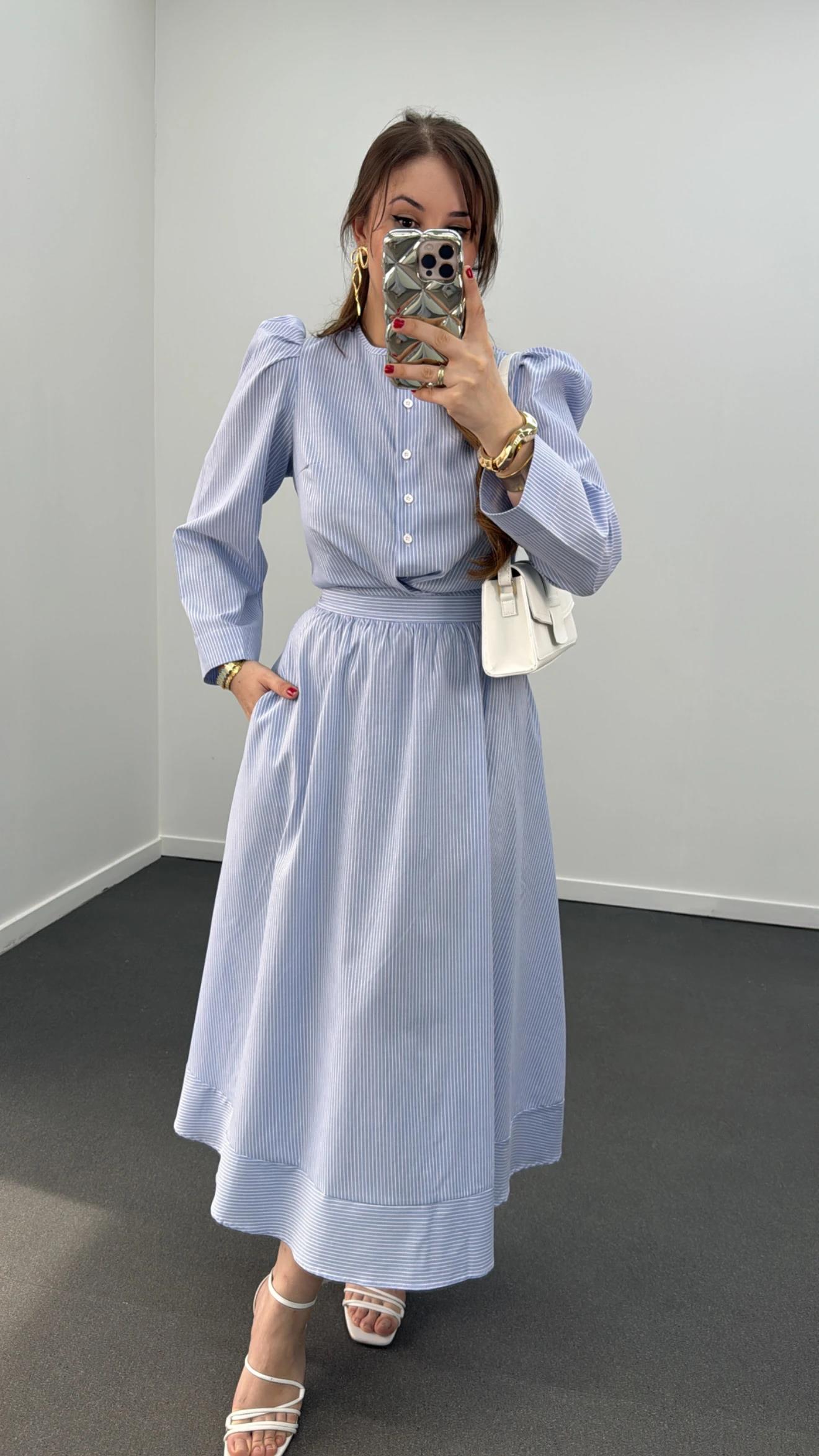 Saghar Mavi Çizgili Karpuz Kol Gömlek Ve Midi Etek Takımı