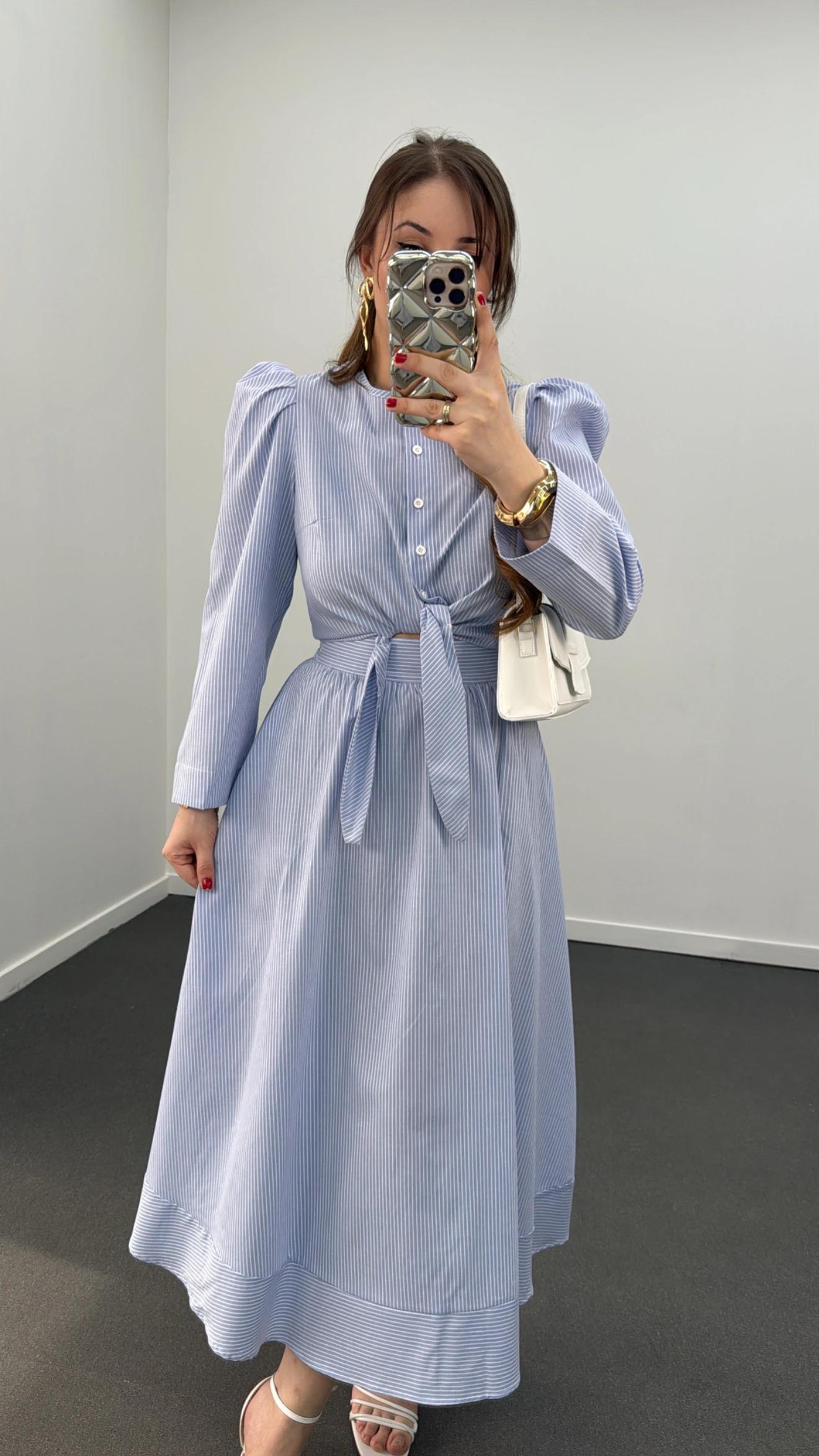 Saghar Mavi Çizgili Karpuz Kol Gömlek Ve Midi Etek Takımı