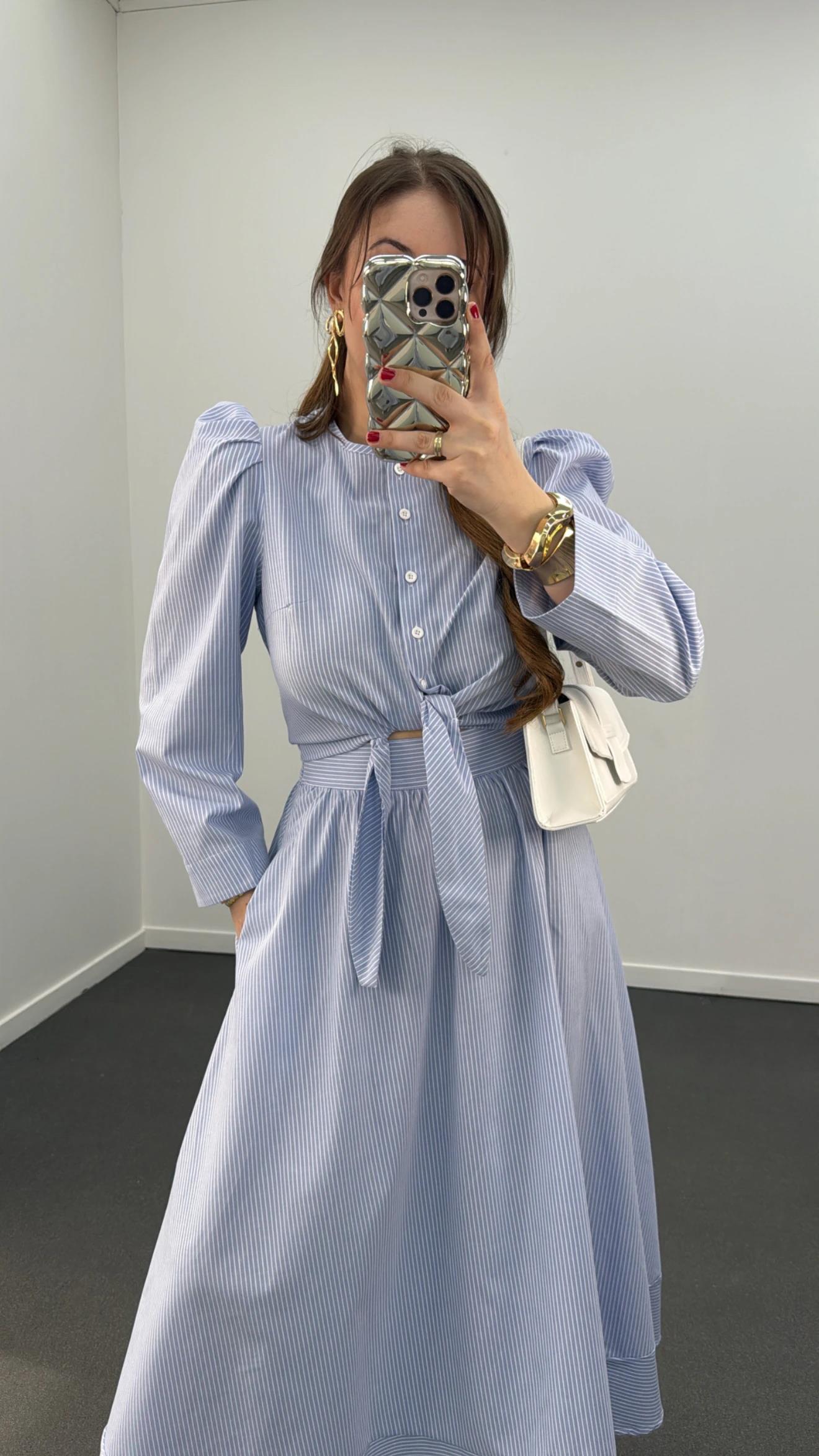 Saghar Mavi Çizgili Karpuz Kol Gömlek Ve Midi Etek Takımı