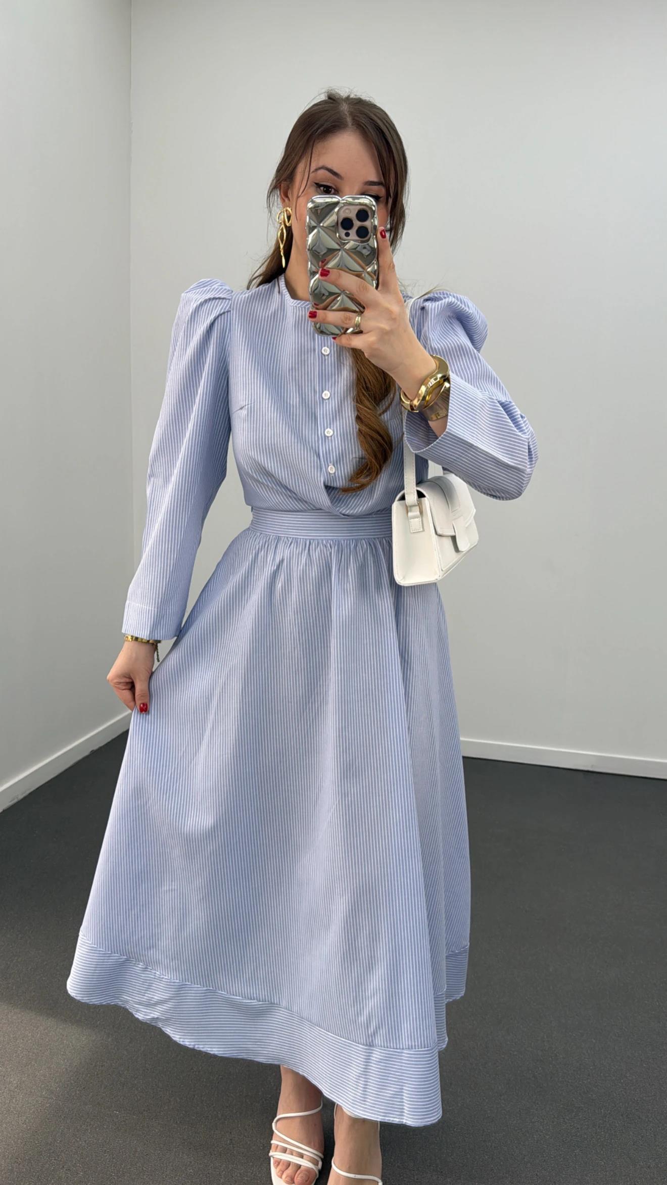 Saghar Mavi Çizgili Karpuz Kol Gömlek Ve Midi Etek Takımı