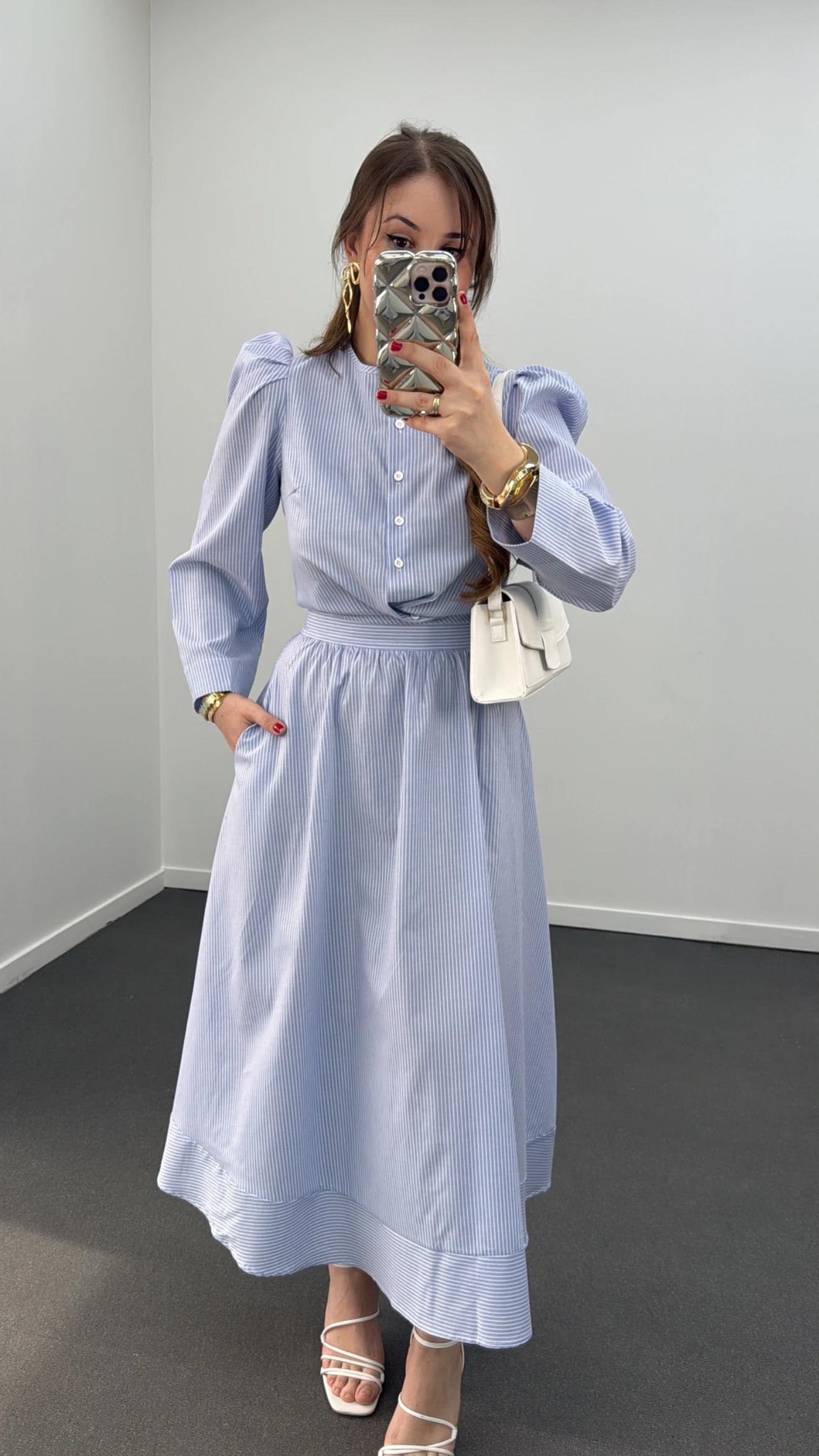 Saghar Mavi Çizgili Karpuz Kol Gömlek Ve Midi Etek Takımı