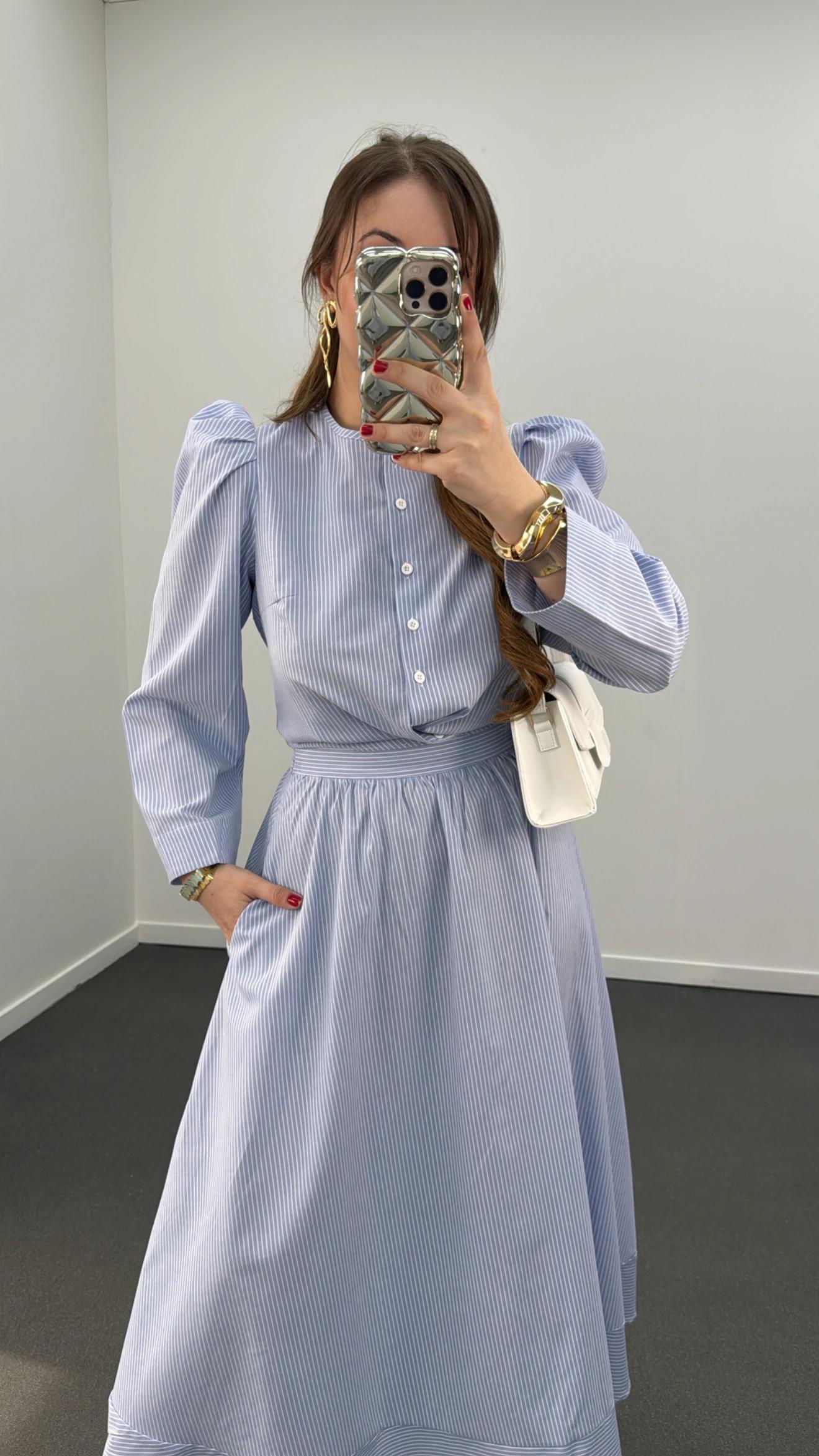 Saghar Mavi Çizgili Karpuz Kol Gömlek Ve Midi Etek Takımı