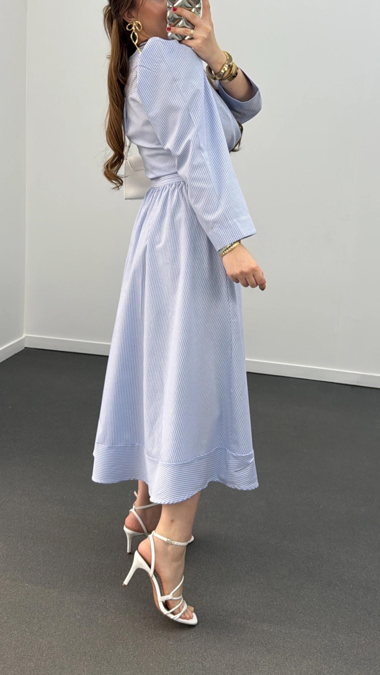 Saghar Mavi Çizgili Karpuz Kol Gömlek Ve Midi Etek Takımı