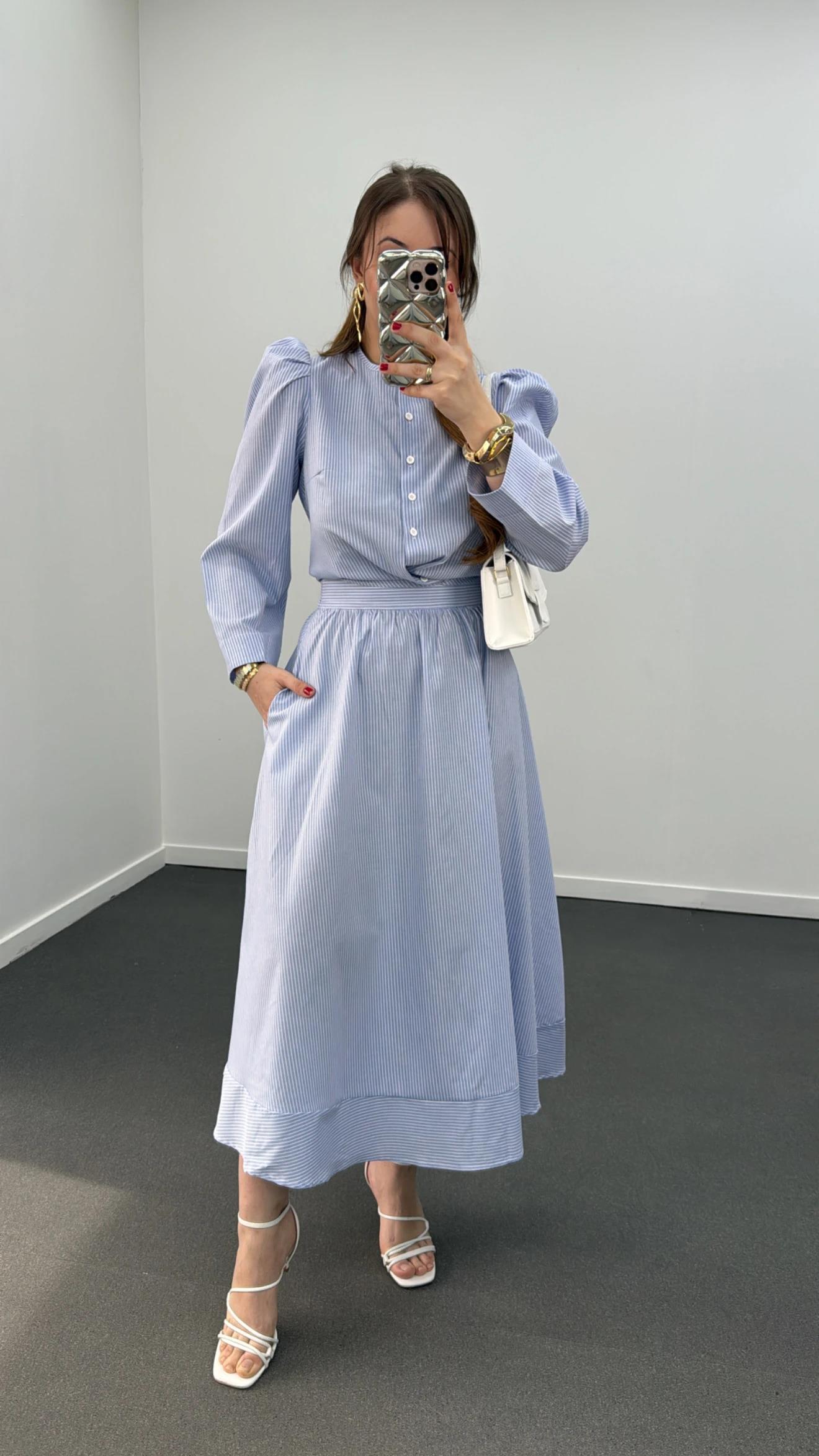 Saghar Mavi Çizgili Karpuz Kol Gömlek Ve Midi Etek Takımı