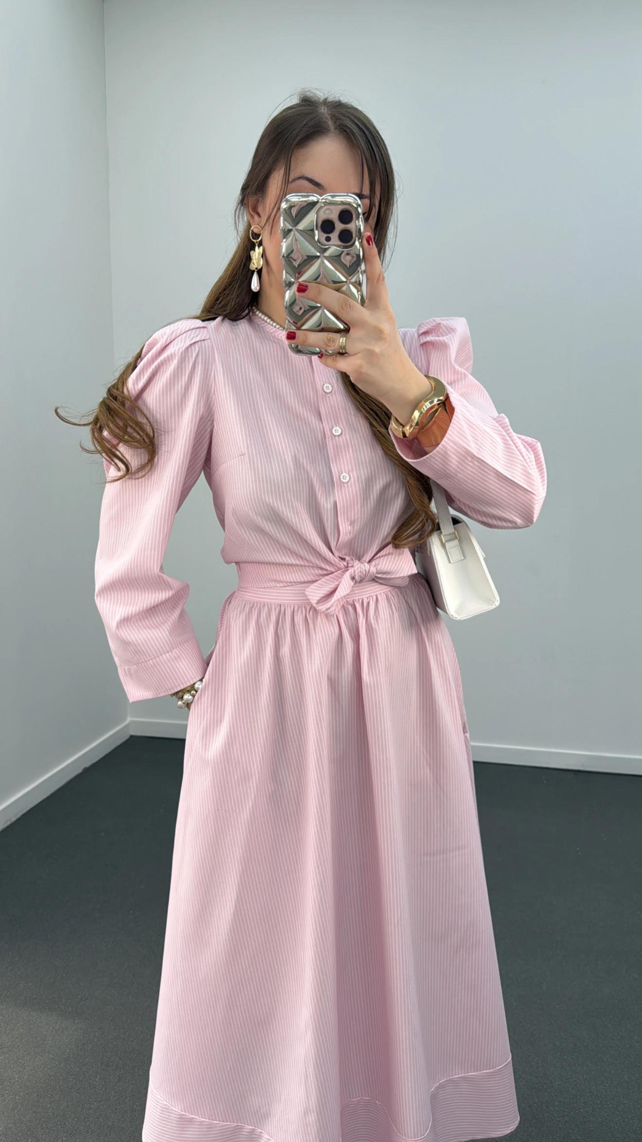 Saghar Pembe Çizgili Karpuz Kol Gömlek Ve Midi Etek Takımı